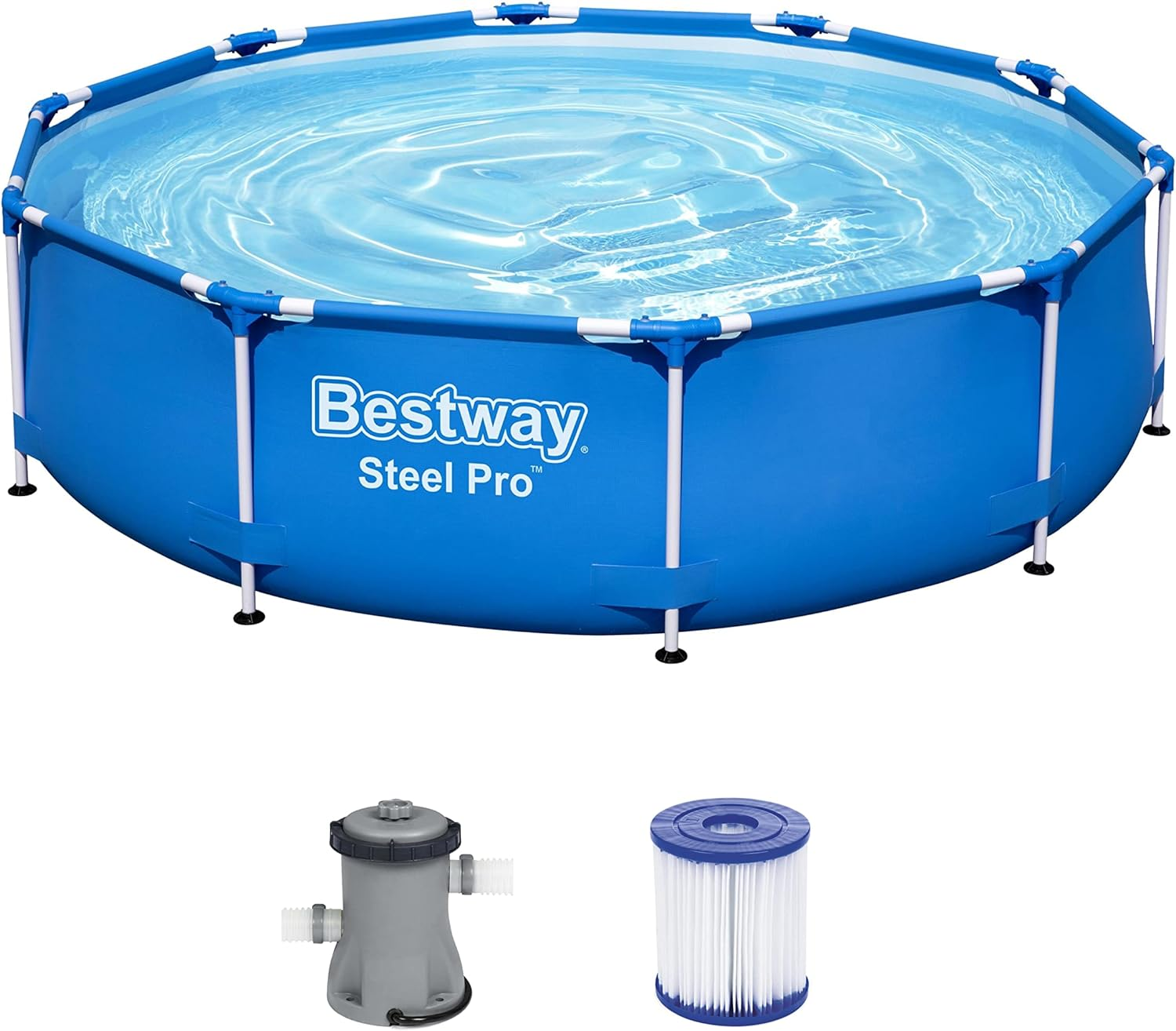 Une piscine hors sol ronde bleue avec des supports blancs et deux accessoires de filtre.