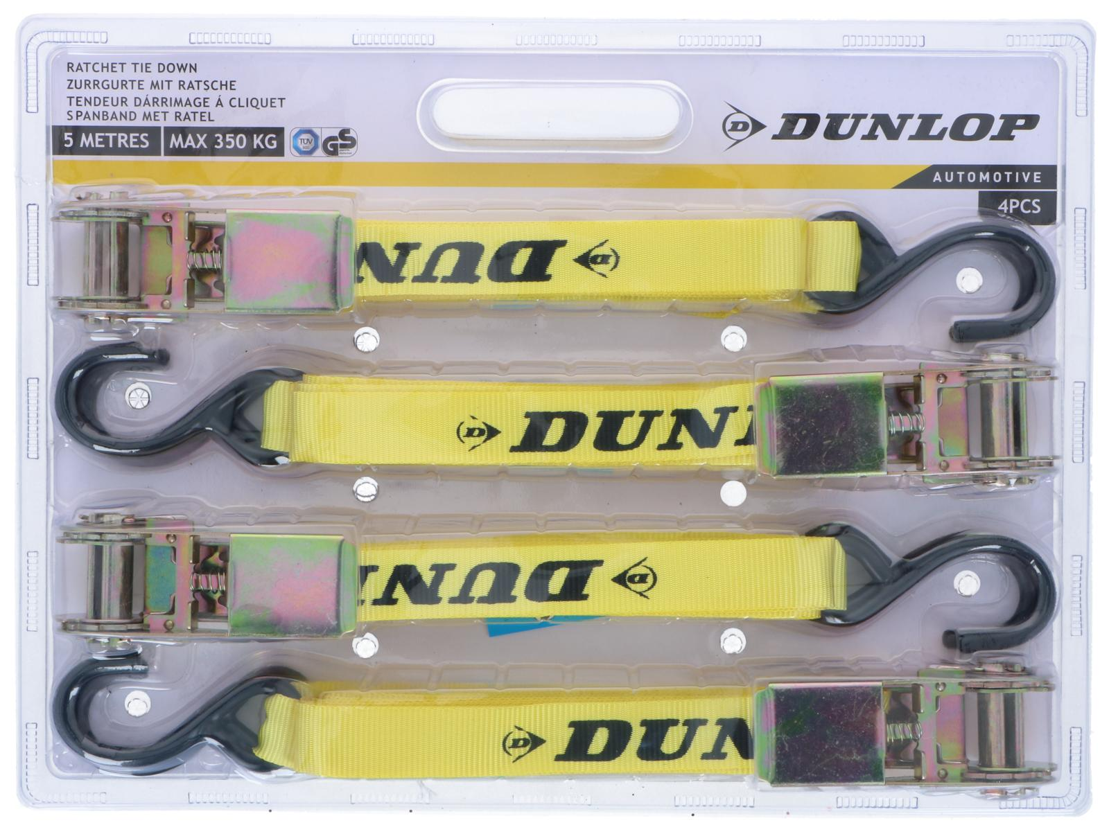Four ratchet tie-down straps in a package. Yellow straps with the Dunlop logo.