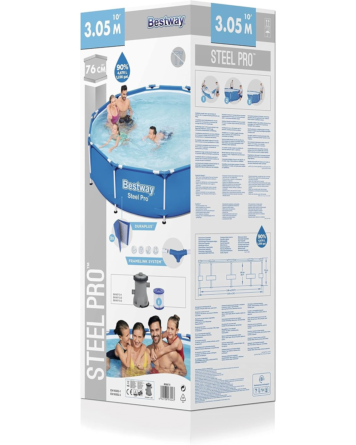 Le dos d'une boîte Bestway Steel Pro montrant une famille au bord de la piscine.