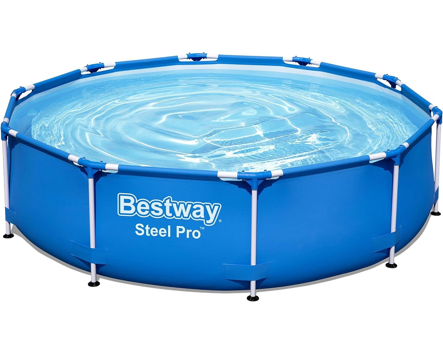 Une piscine ronde bleue hors sol remplie d'eau, fond blanc.