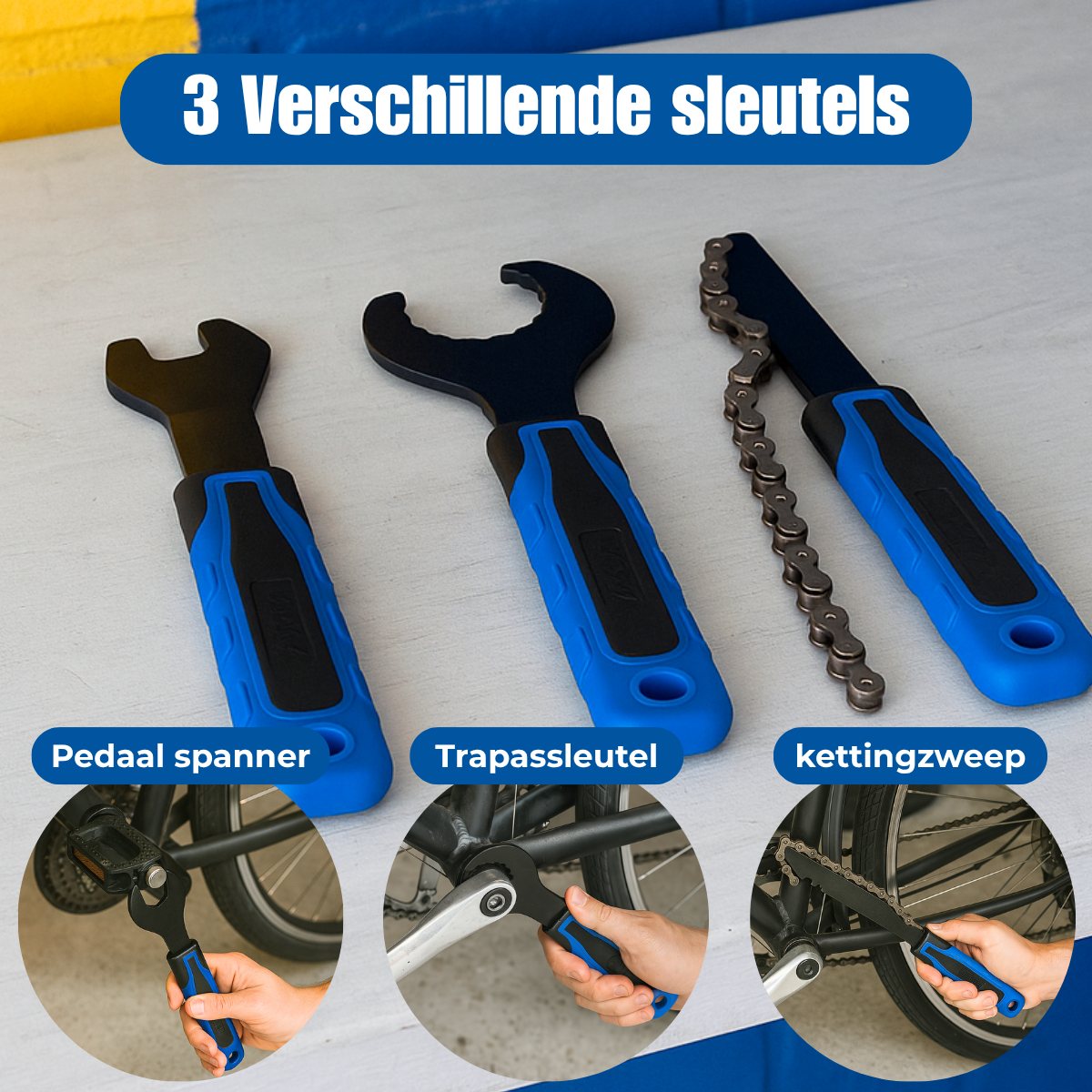 Drie fietstools met blauwe handvatten. Labels identificeren ze als pedaalsleutel, trapassleutel en kettingzweep.