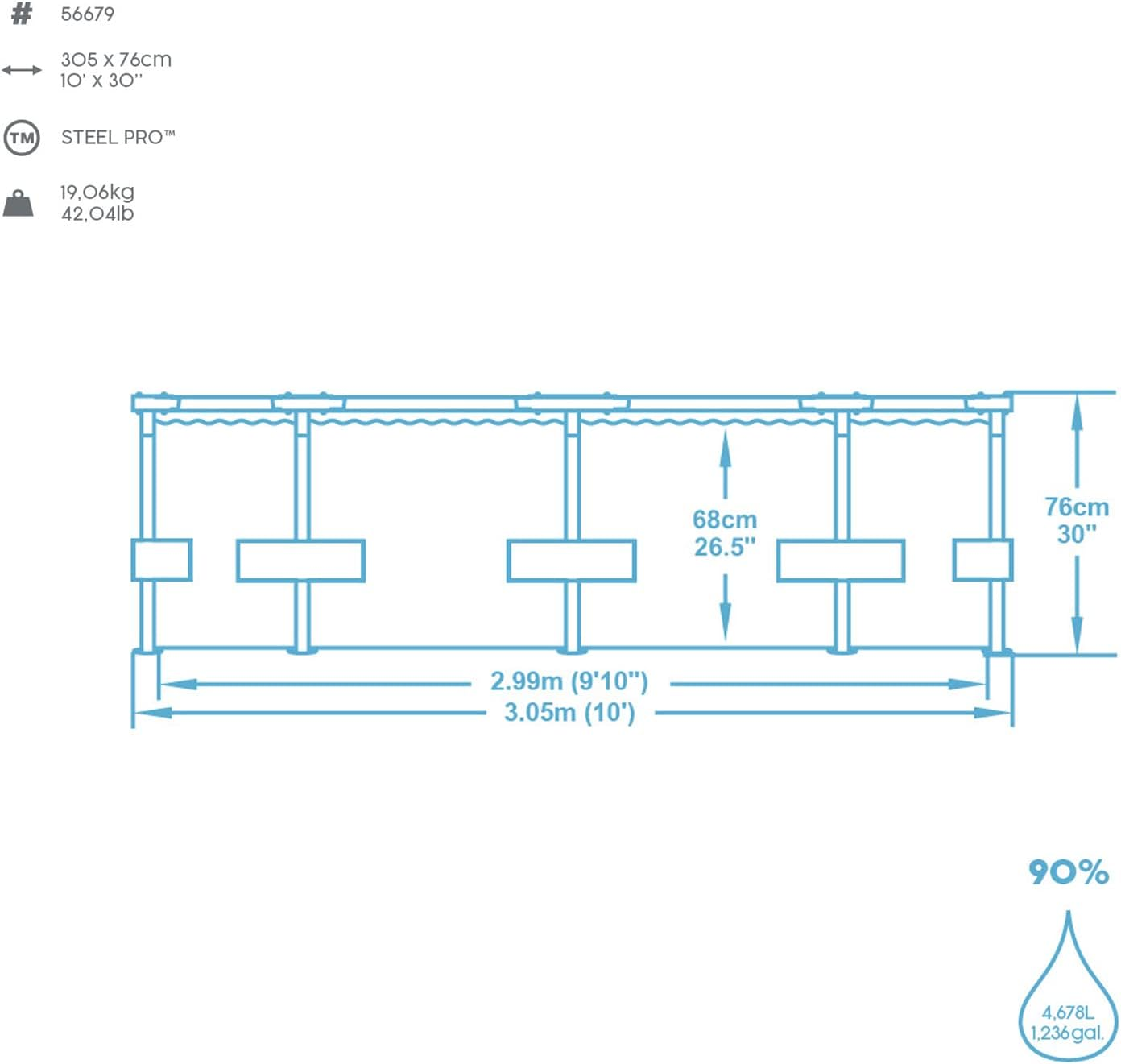 Dessin au trait d'une piscine avec dimensions et spécifications.