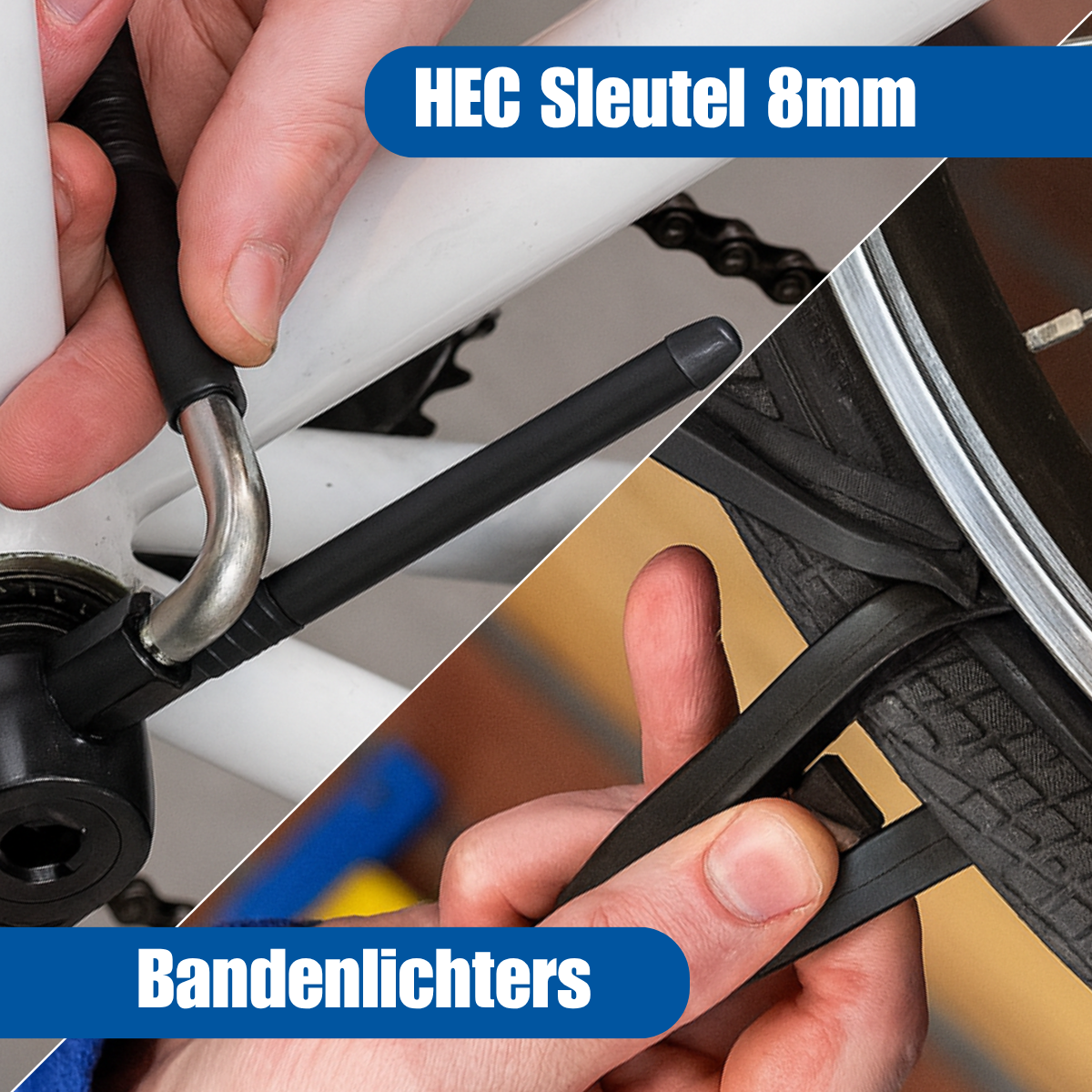 Een gesplitste afbeelding toont fietsreparatie. Boven staat HEC 8mm sleutel. Onder staat Bandenlichters. Toont handen die de tools gebruiken.