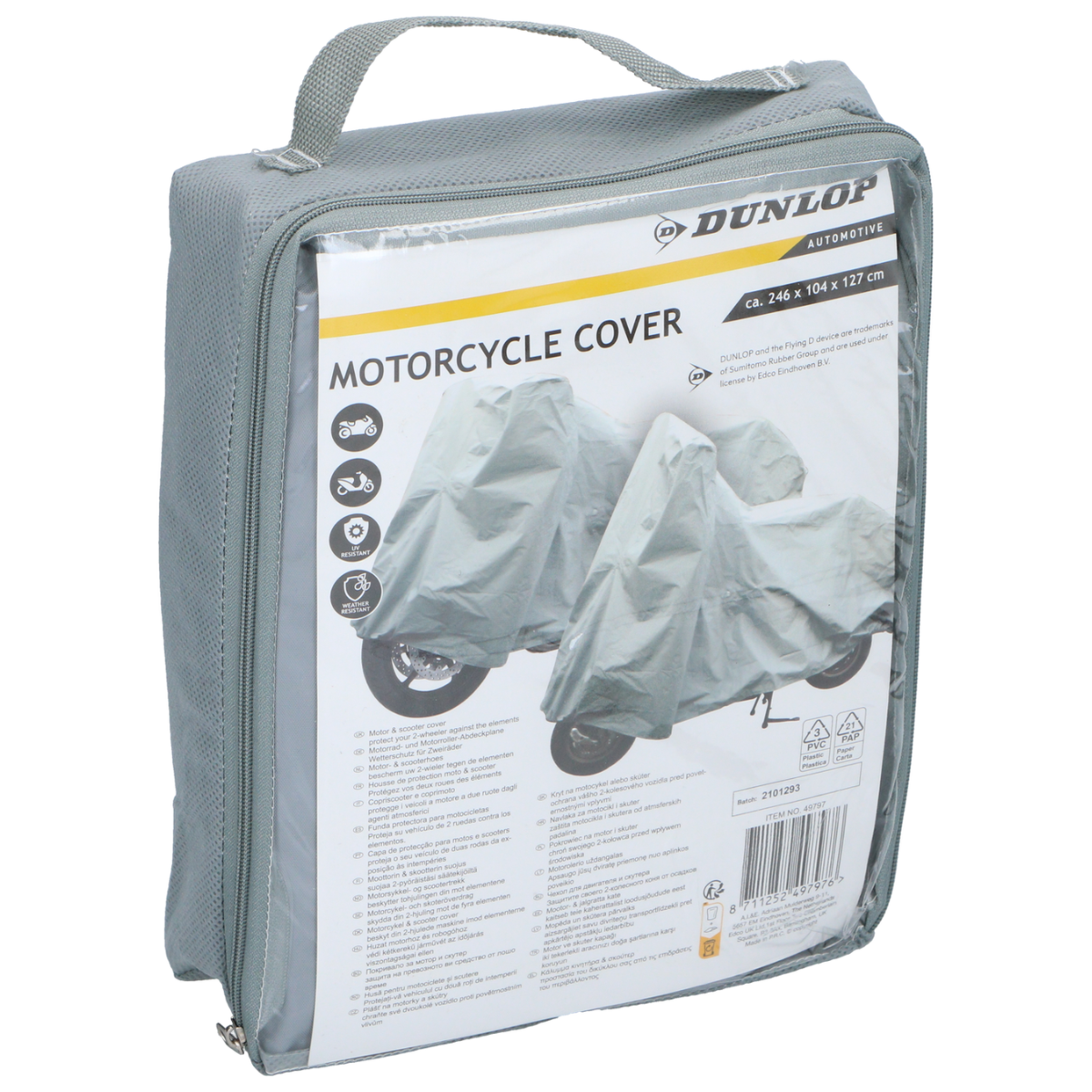 Een grijze Dunlop motorafdekking in een doorzichtige plastic zak, met een motorfietsafbeelding op de voorkant.