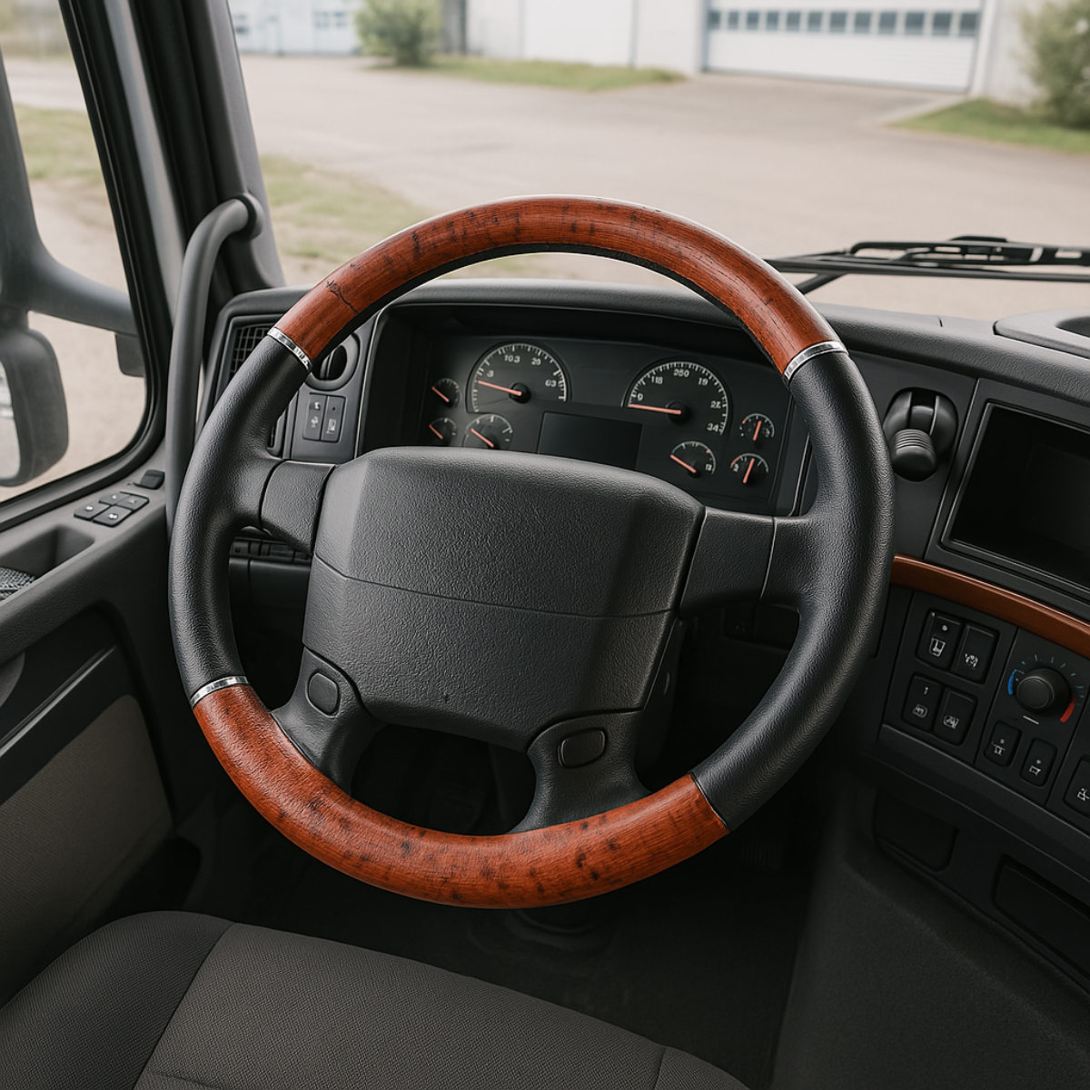 Interieur van een vrachtwagen met een houten stuurwiel, dashboardinstrumenten en bedieningspanelen in een bedrijfswagen.