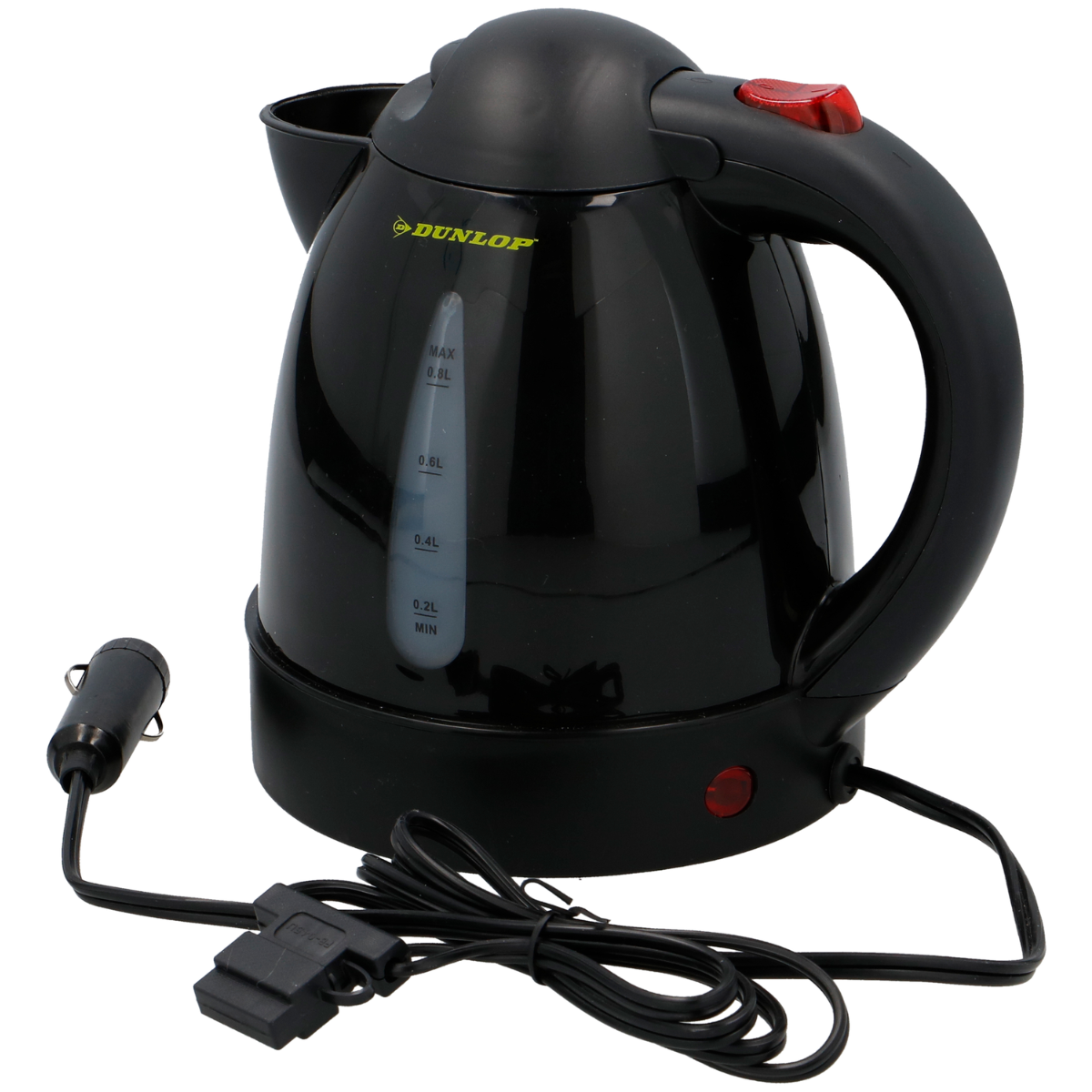 Zwarte elektrische waterkoker met rode knop, merk Dunlop en voedingskabel.