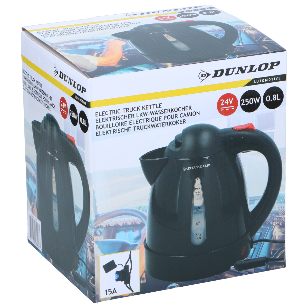 Een doos met een Dunlop elektrische vrachtwagenwaterkoker, met de nadruk op het vermogen van 24V, 250W output en 0,8L capaciteit.