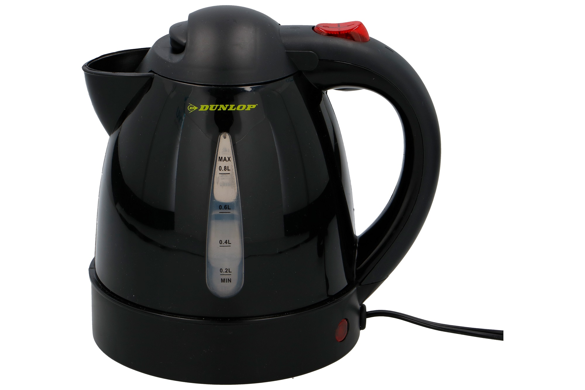Zwarte elektrische waterkoker, merk Dunlop, met rood controlelampje en waterniveau-indicator.