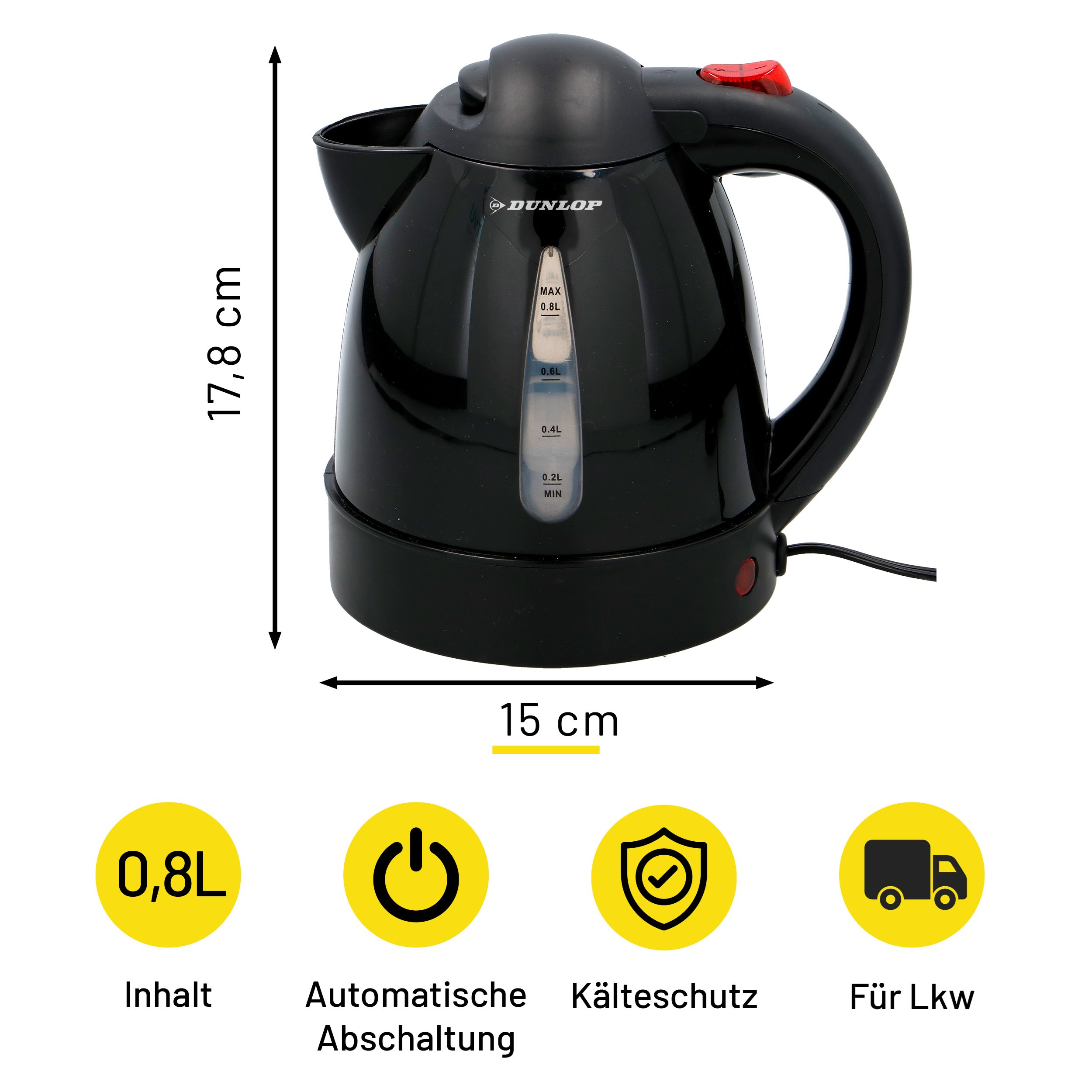 Een zwarte elektrische waterkoker met afmetingen en pictogrammen voor automatische uitschakeling, koudebescherming en geschikt voor vrachtwagens. Afmetingen zichtbaar.
