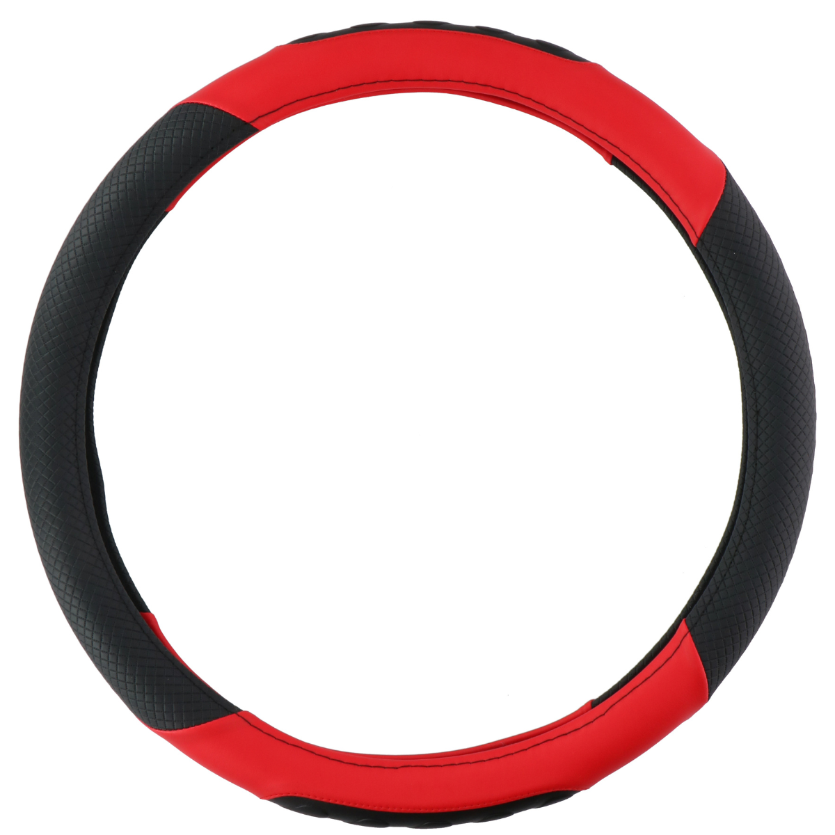 Een rood-zwart stuurwielhoes, geïsoleerd op wit, met een gestructureerde grip voor verbeterde bediening.