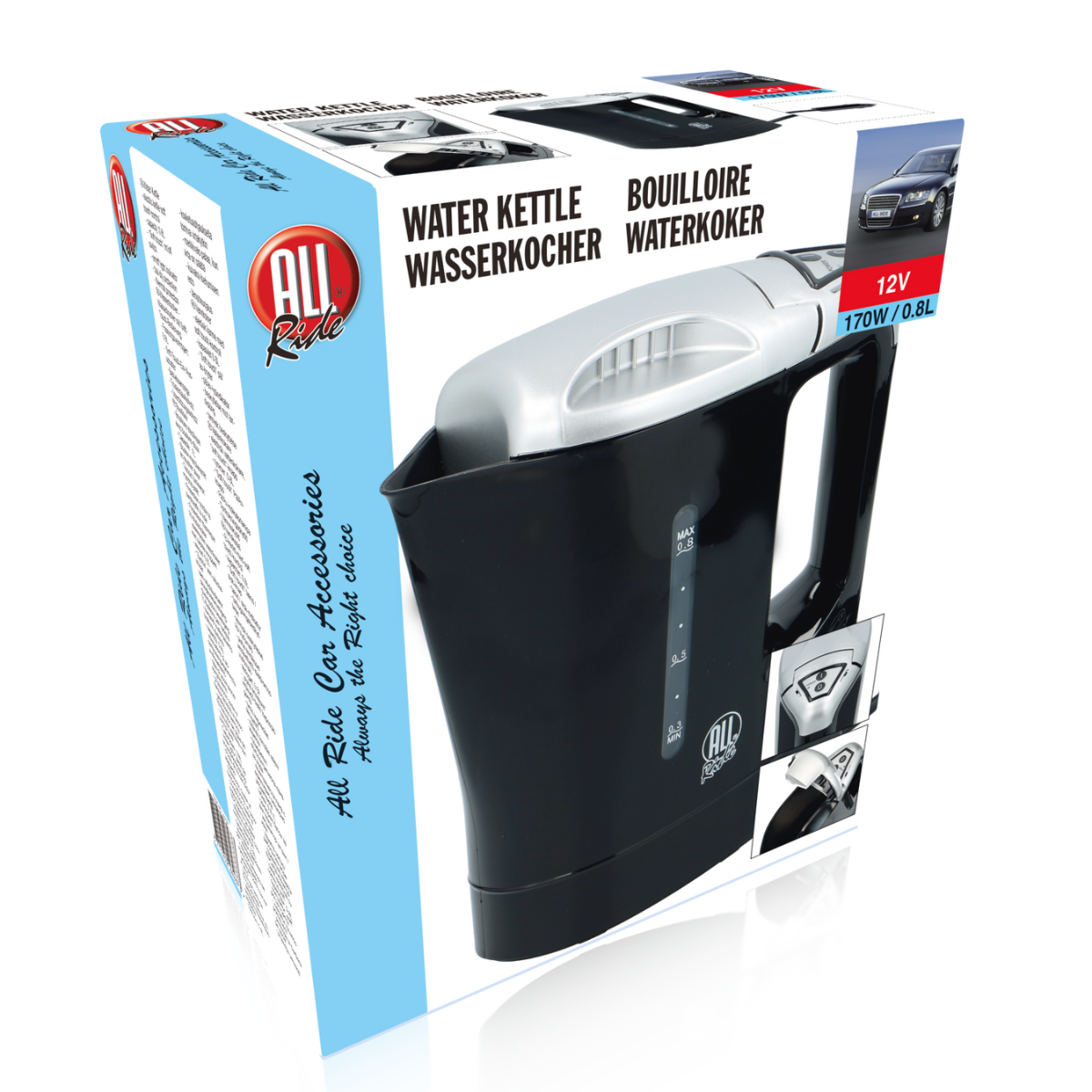 Een verpakte All Ride waterkoker, met een zwart en zilver design, die het vermogen van 12V en de capaciteit van 0,8L laat zien.