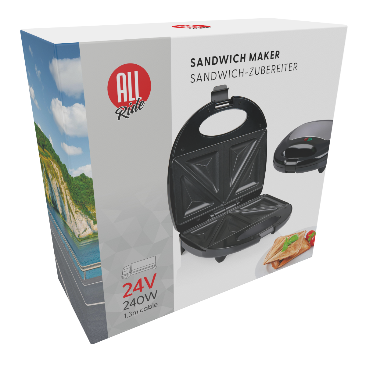 La boîte d'un appareil à sandwich All Ride 24V, avec des images du produit et d'un sandwich, mettant en évidence ses caractéristiques.