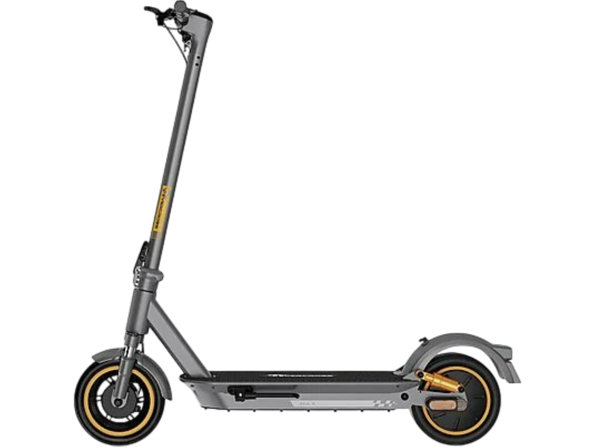 Ein grauer Elektroroller mit gelben Akzenten auf schwarzem Hintergrund. Der Roller ist im Profil.