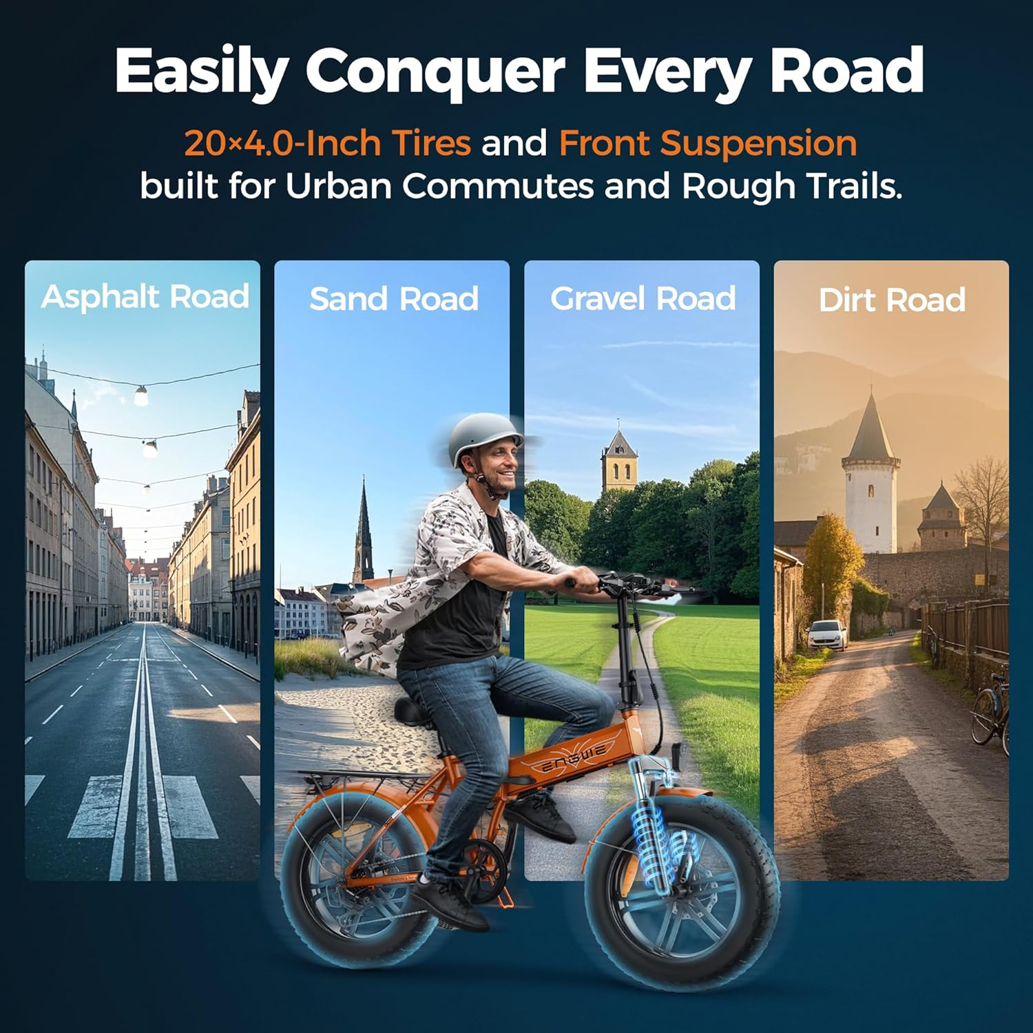 E-bike circulando por varios tipos de carreteras: asfalto, arena, grava y tierra. Una persona monta la bicicleta.