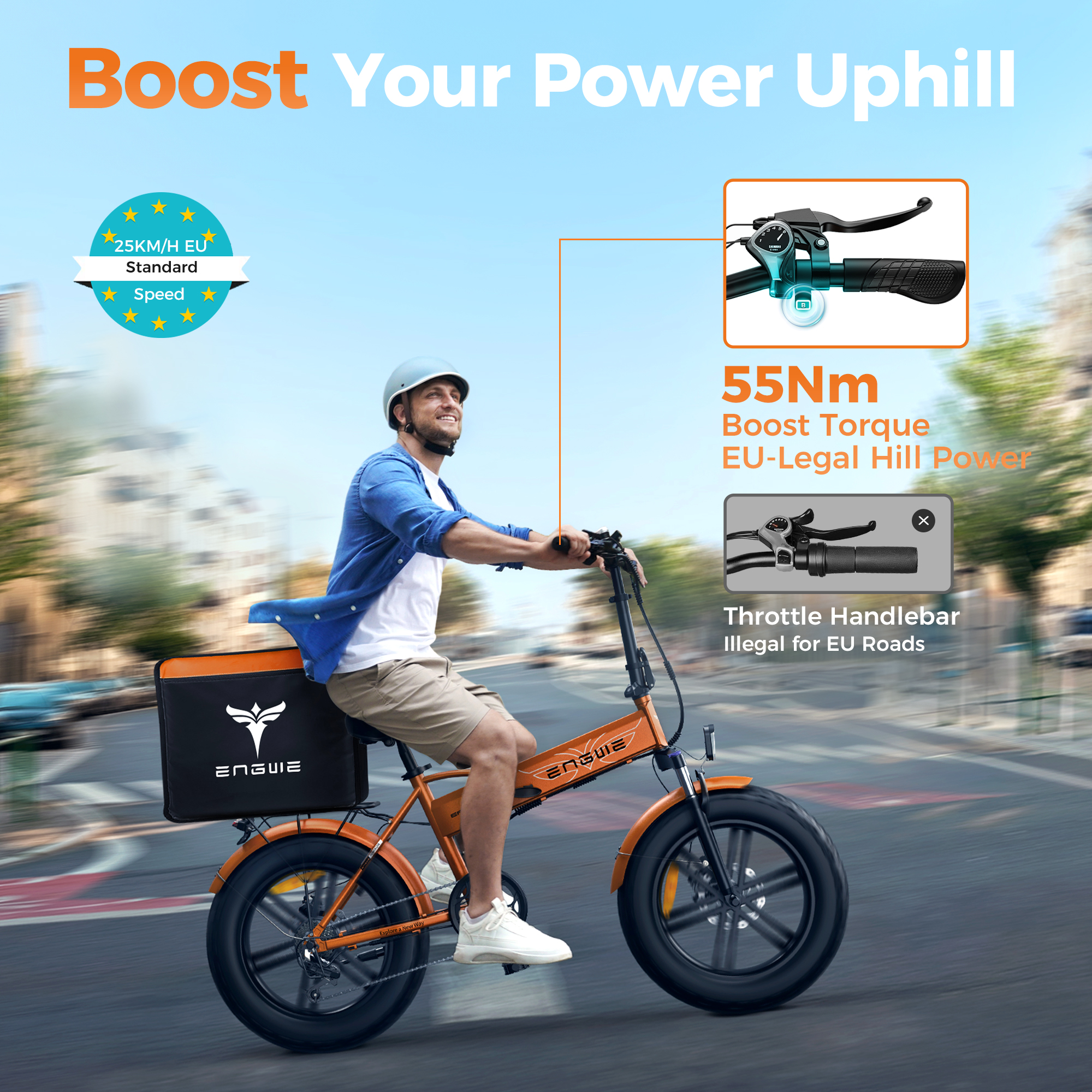 Persona montando una e-bike de carga naranja cuesta arriba. El texto indica velocidad estándar UE y 55Nm par.