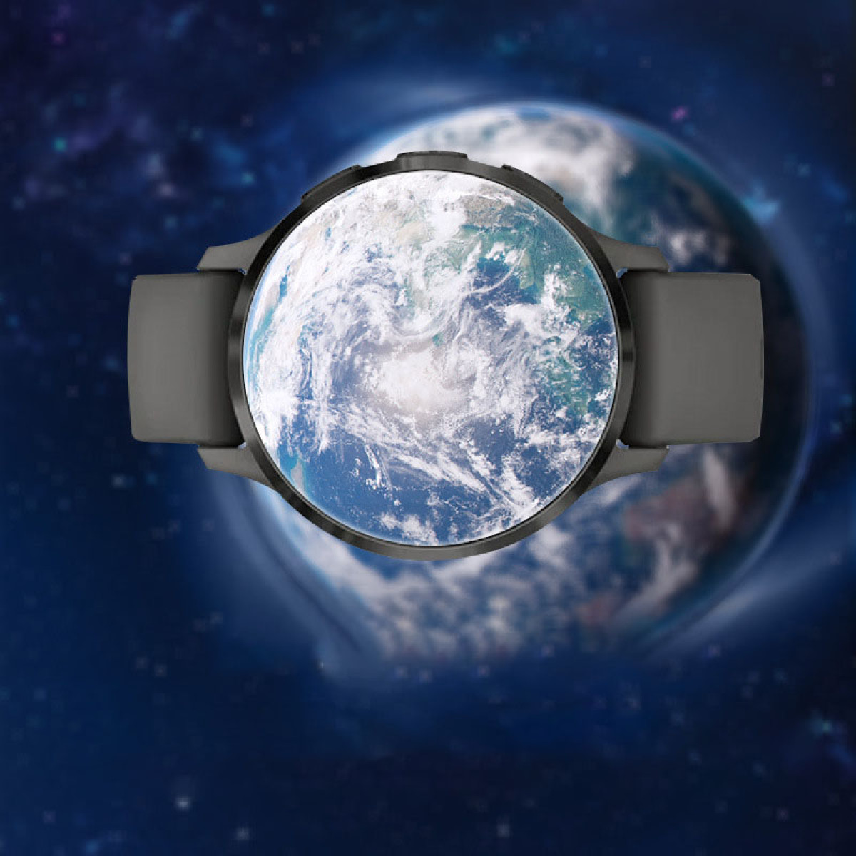 Un orologio con la Terra sul quadrante, su uno sfondo stellato.