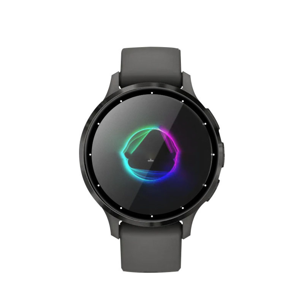 Uno smartwatch grigio con un display circolare colorato.
