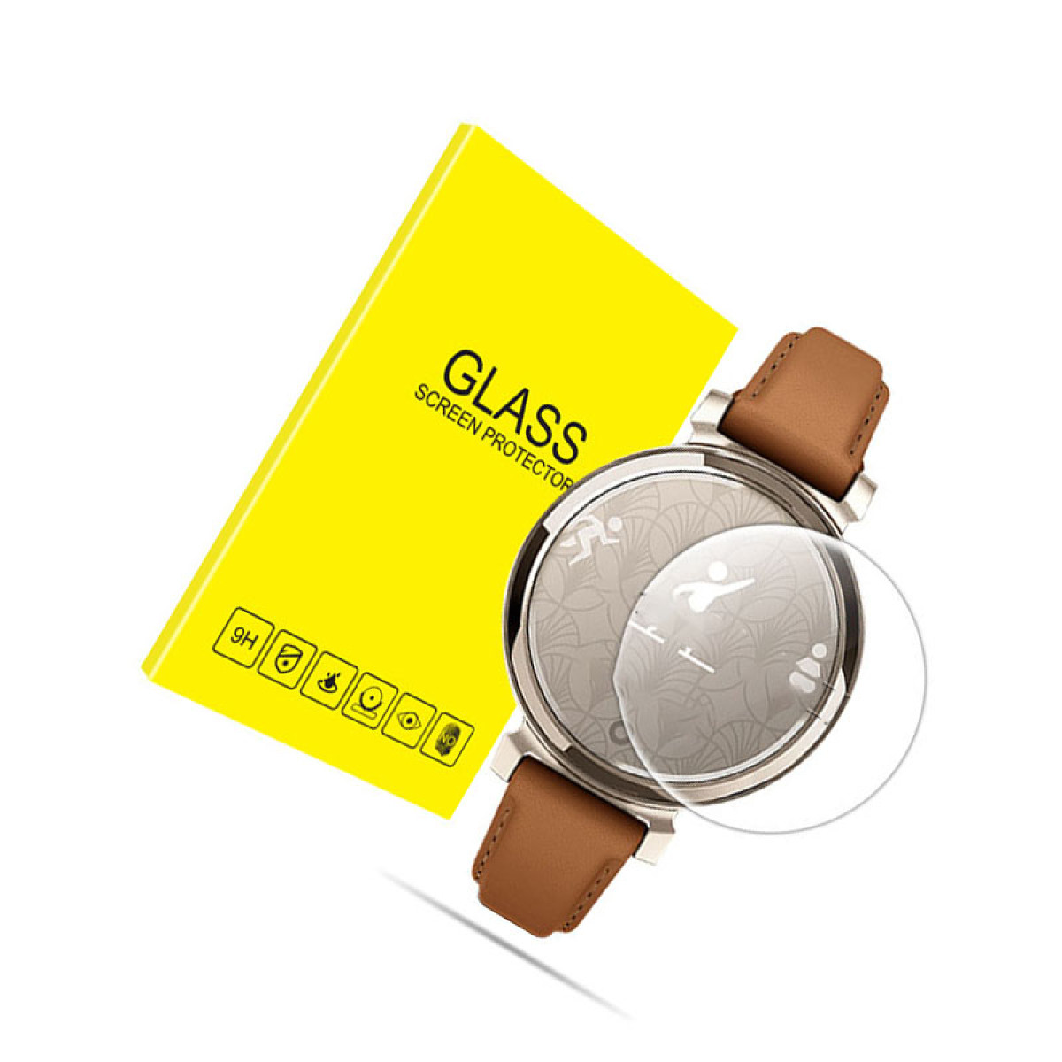Smartwatch mit Displayschutz neben einer gelben Schachtel.