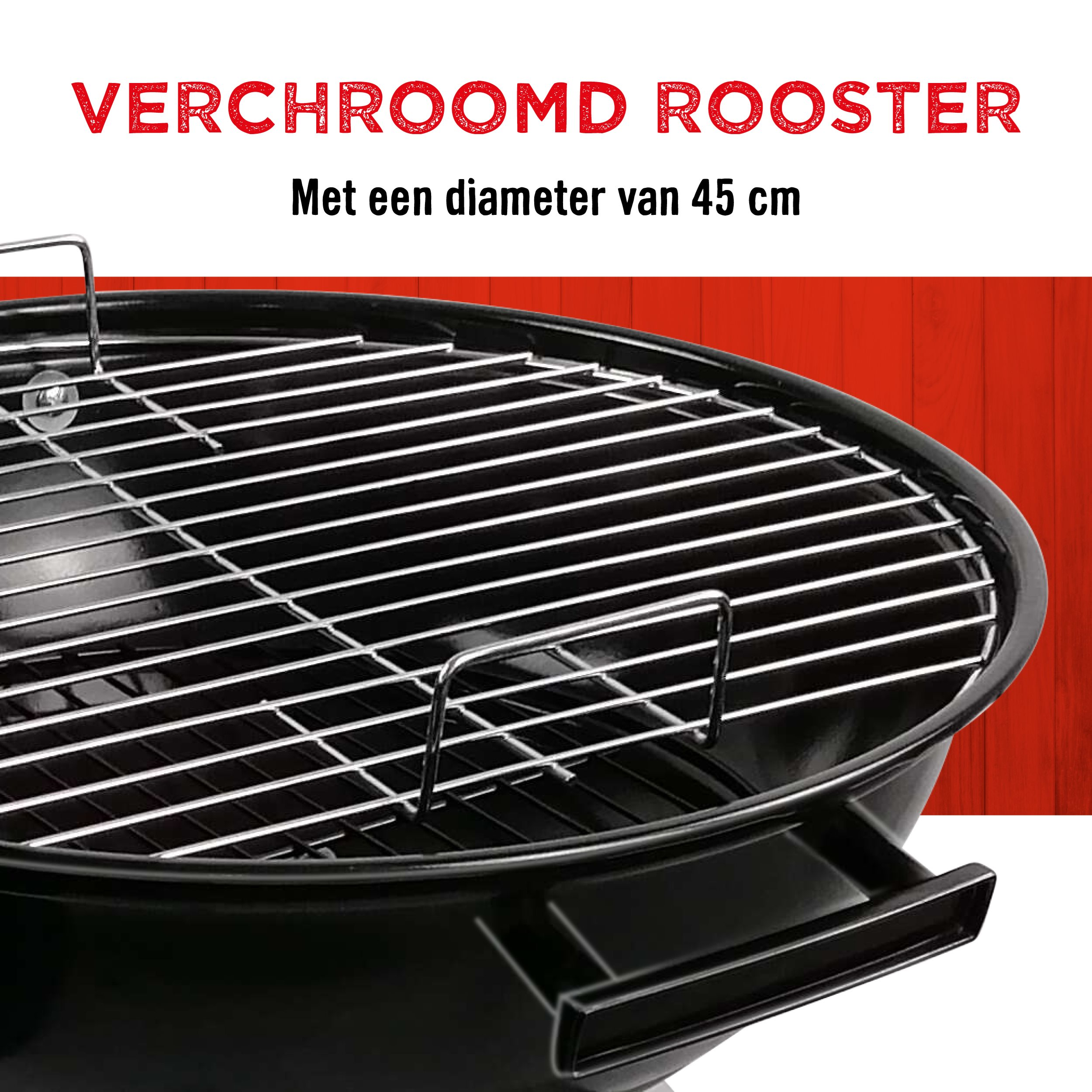 Un barbecue avec une grille et une poignée chromées. Le texte indique 'VERCHROOMD ROOSTER' et '45 cm'.
