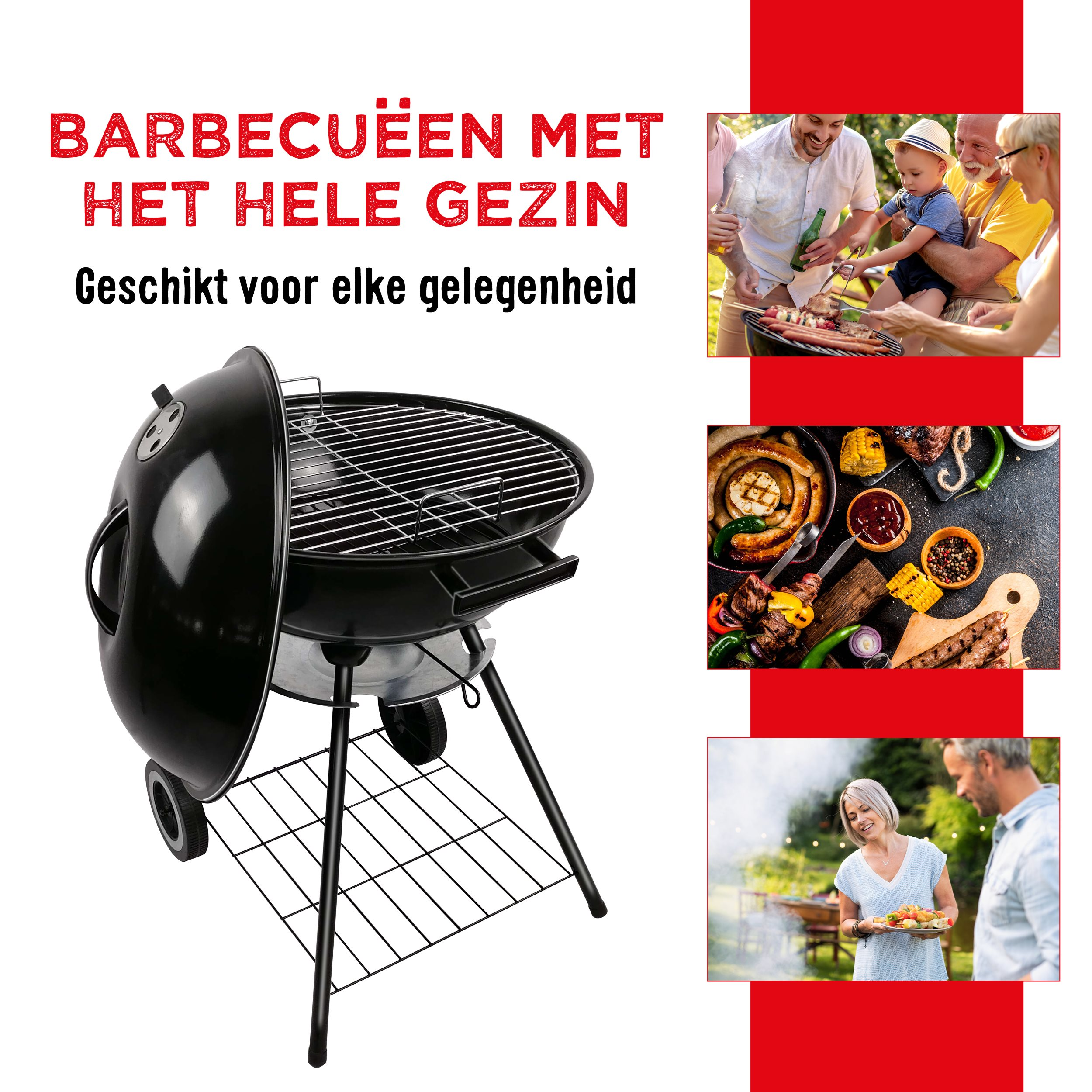 Un gril noir avec diverses scènes de personnes grillant. Les images montrent la famille, la nourriture et les événements de cuisine en plein air.