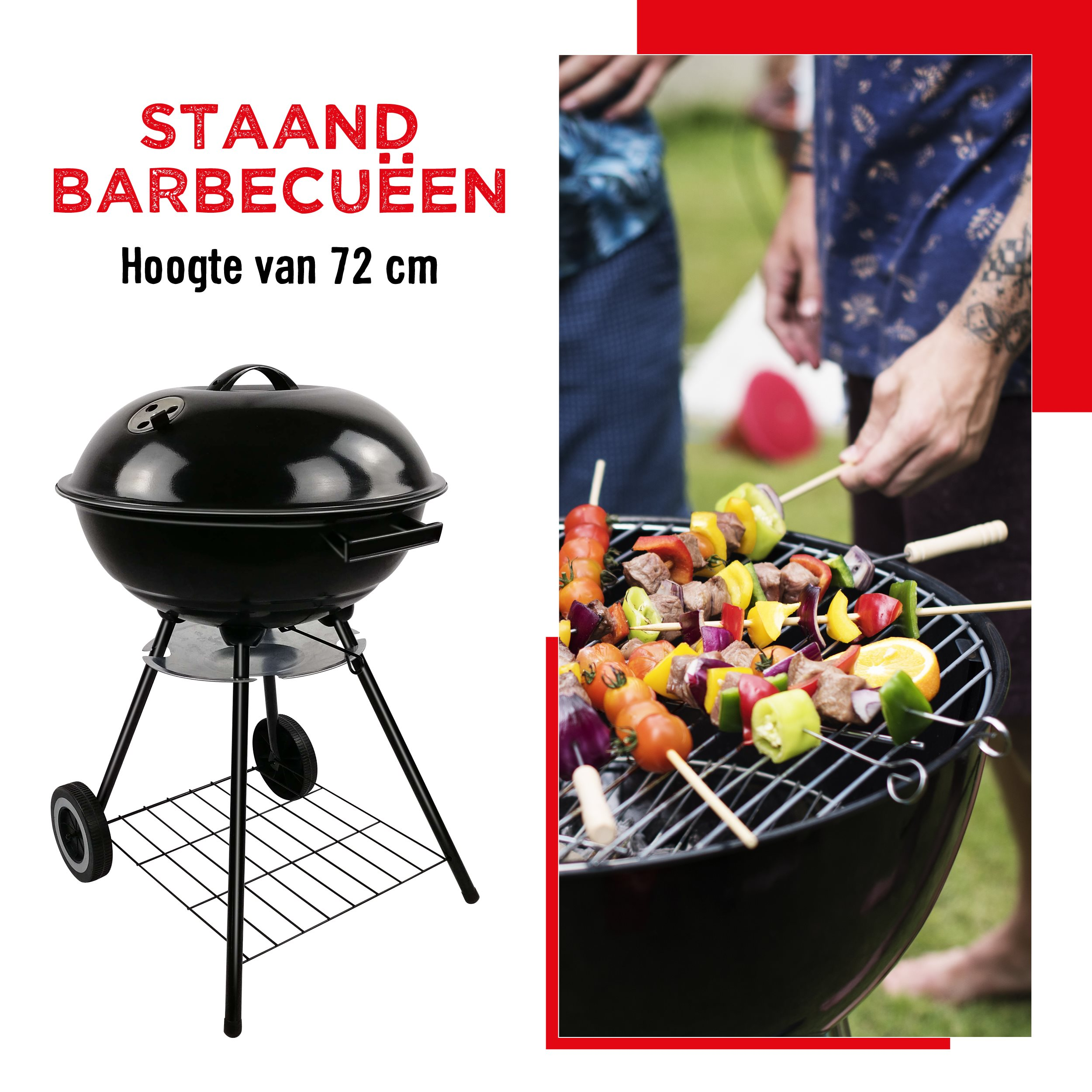 Un gril noir avec une fête de brochettes et un homme grillant. Texte : 'Barbecue debout' et hauteur 72 cm.