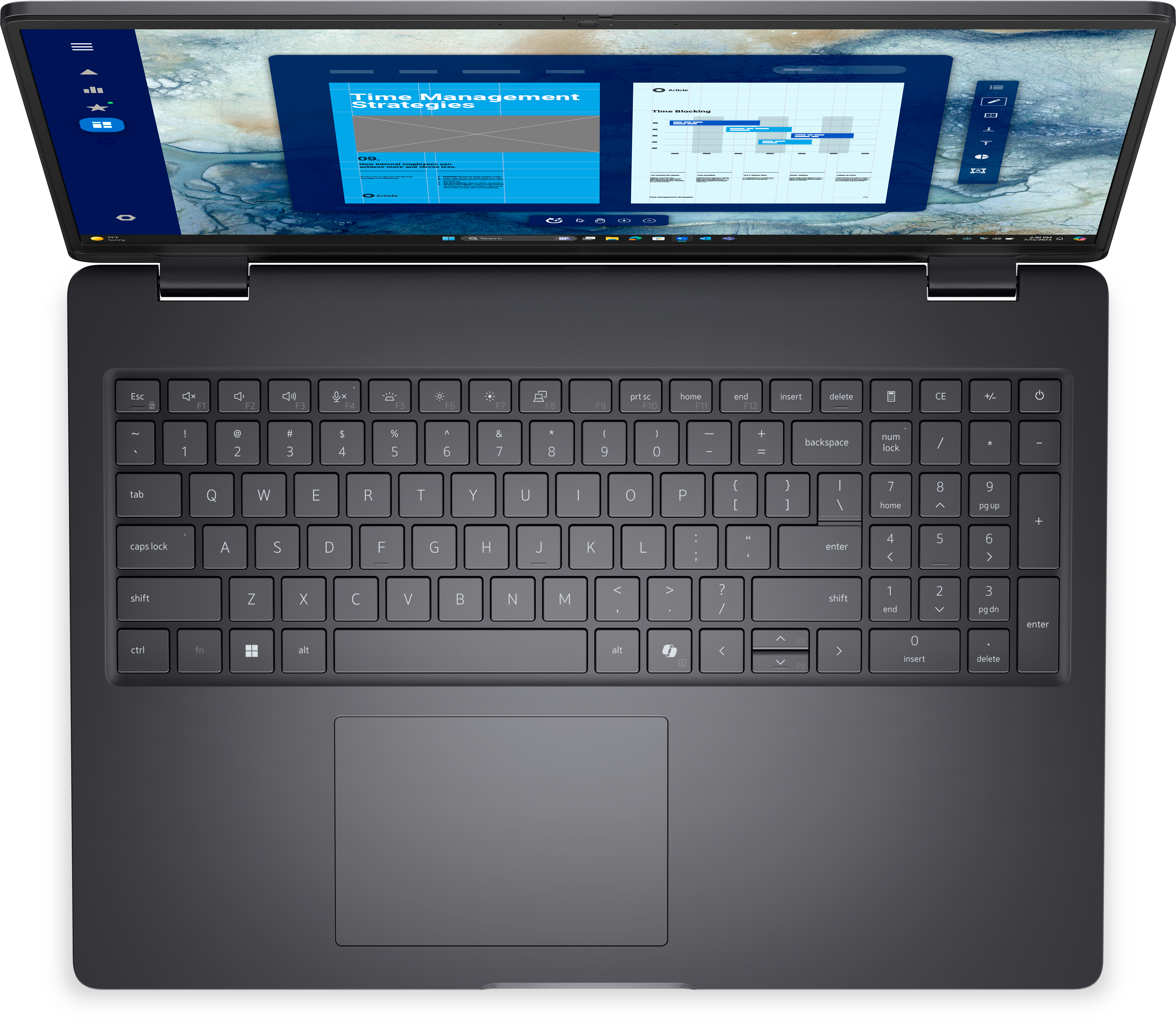 Tastiera e schermo di un laptop sono visibili. Lo schermo mostra una presentazione sulla gestione del tempo. Il laptop è aperto e dall'alto.