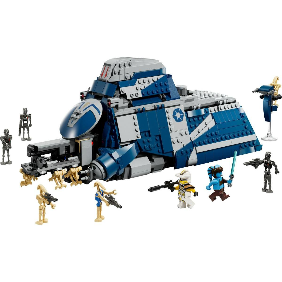 Statek Lego Star Wars z figurkami postaci i droidów bojowych, z białym tłem.