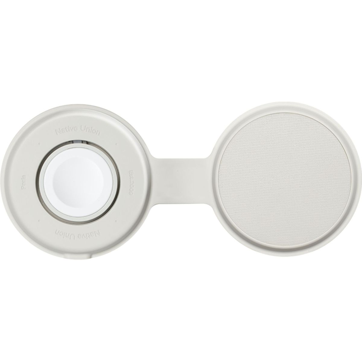 Ein weißes kabelloses Ladegerät mit einem kreisförmigen Pad für eine Uhr und einem kreisförmigen Pad für ein anderes Gerät.