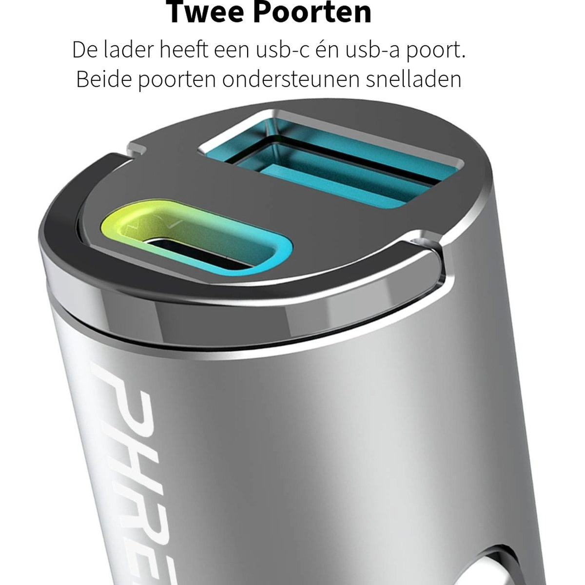 A silver car charger with two USB ports, blue and green lights, Dutch text.