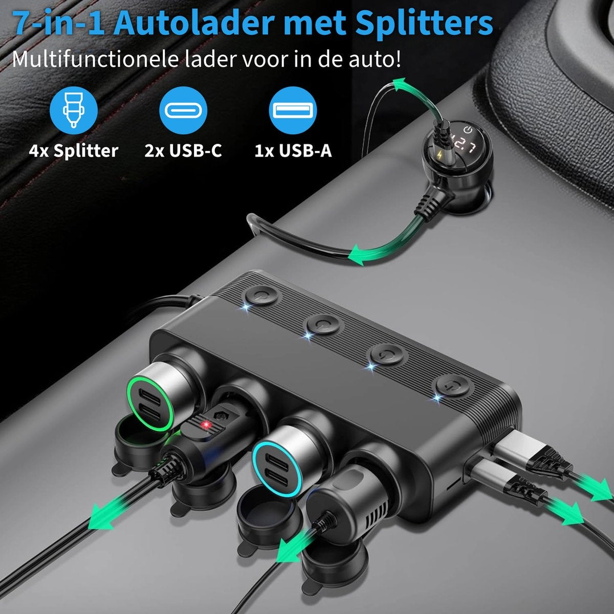 Car charger with multiple ports and connected cables, designed for in-car use. Features USB and splitter ports.