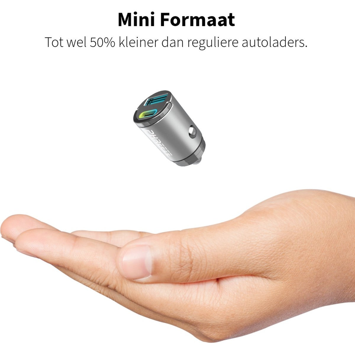 A silver car charger held in a hand, Dutch text about the charger.