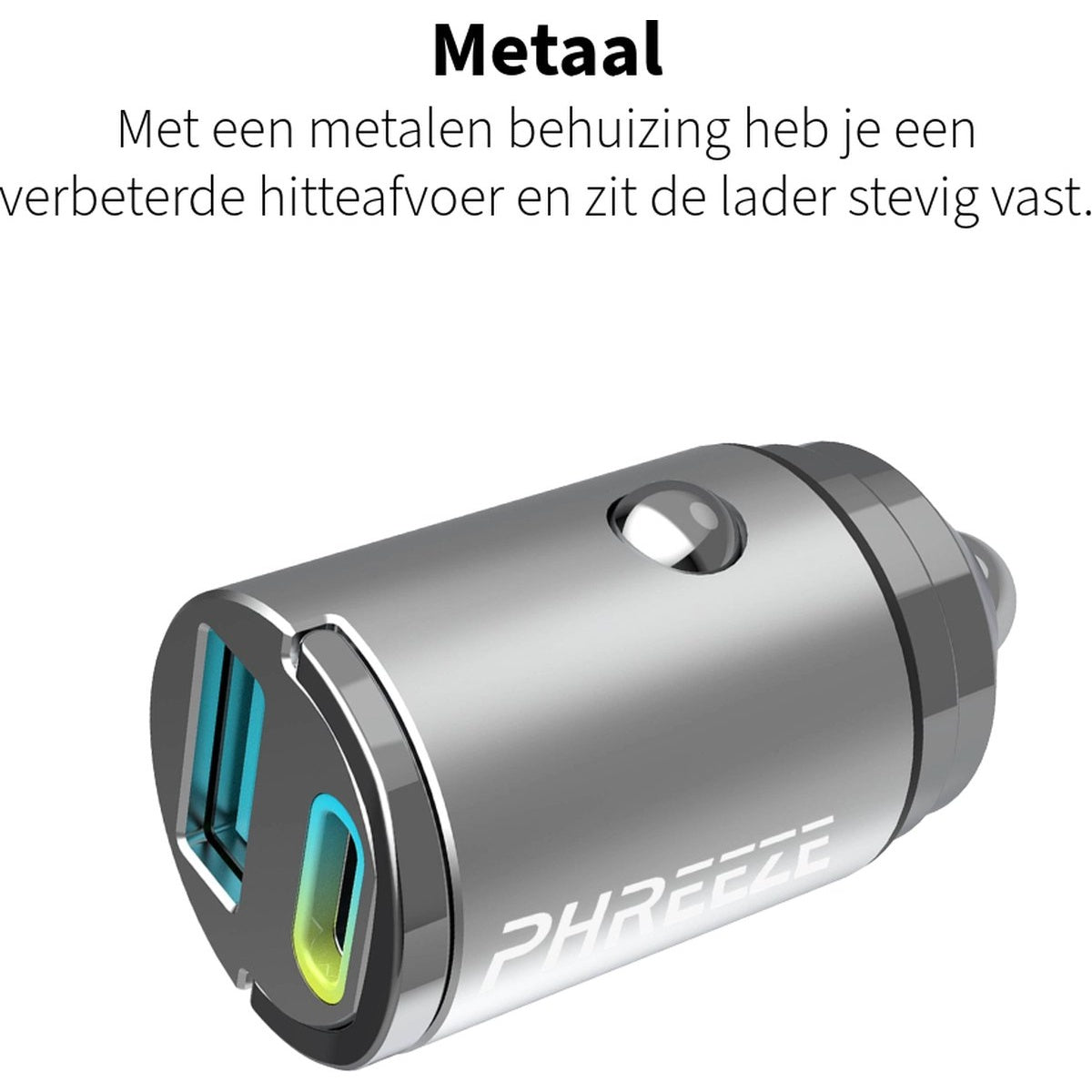 A silver car charger with USB ports, featuring the brand name 'PHREEZE' and a light indicator.