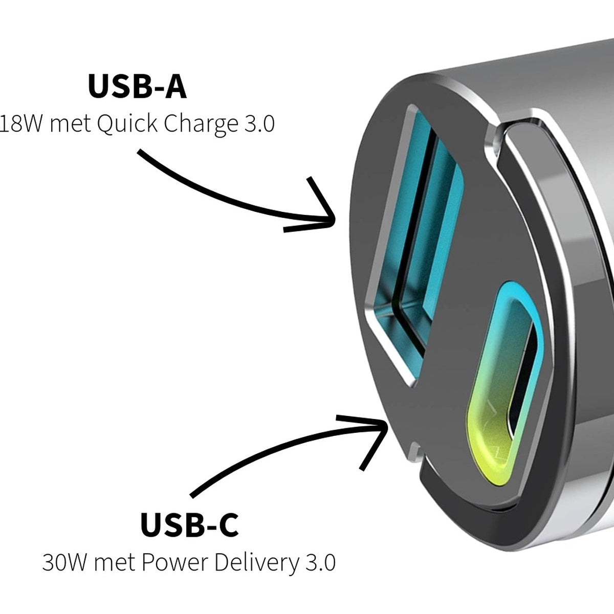 Close-up of a silver charger with USB-A and USB-C ports. Arrows point to the ports, indicating their features.