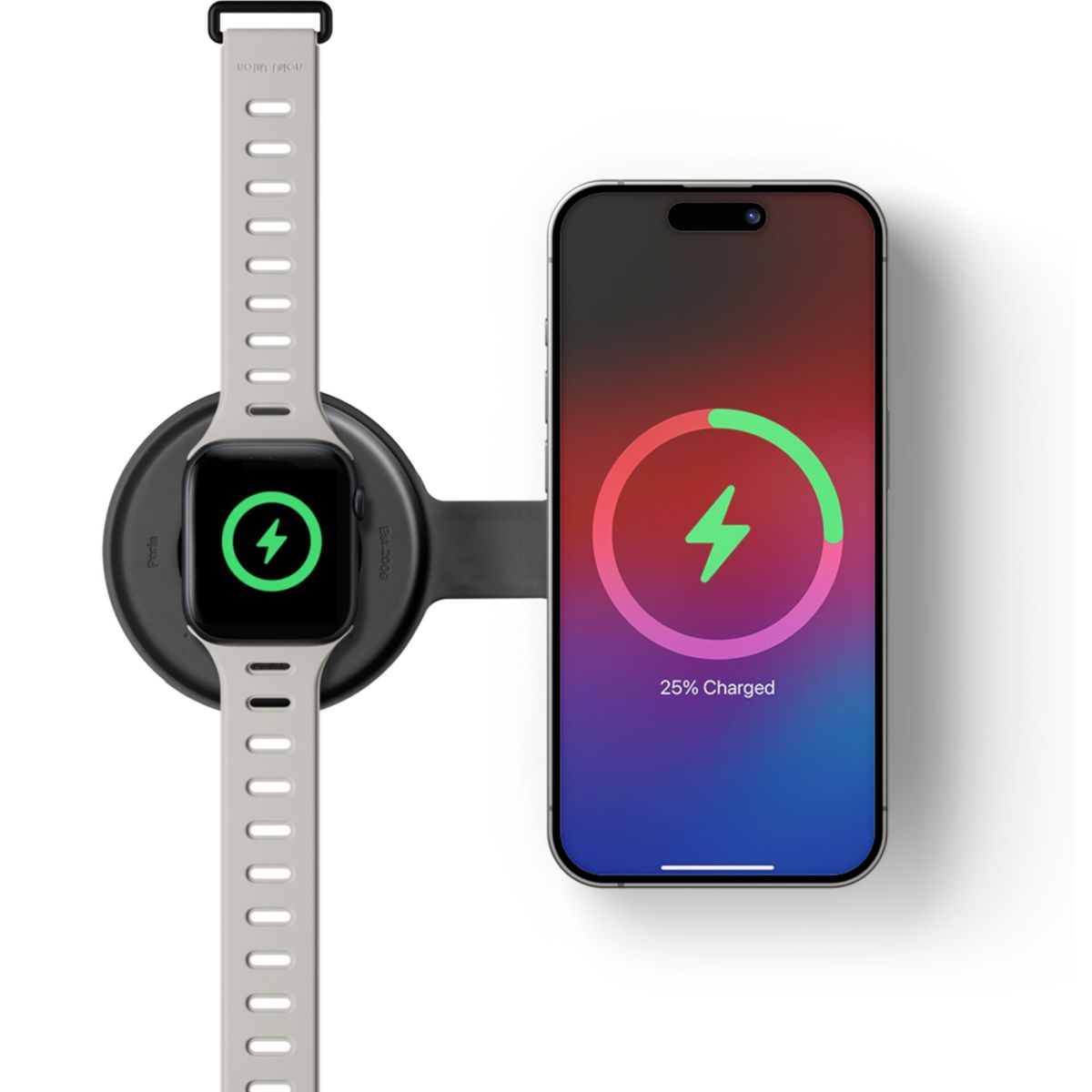 Eine Smartwatch und ein Telefon laden kabellos. Die Uhr zeigt ein Ladesymbol, das Telefon 25% geladen.