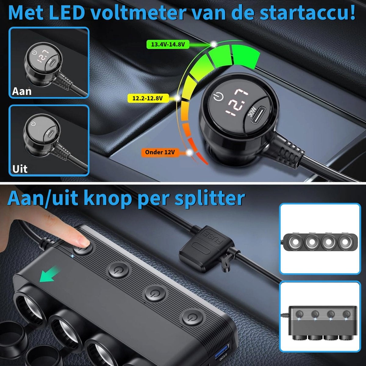 Car charger with a digital display showing voltage and ports. Shows on/off states and button control options.