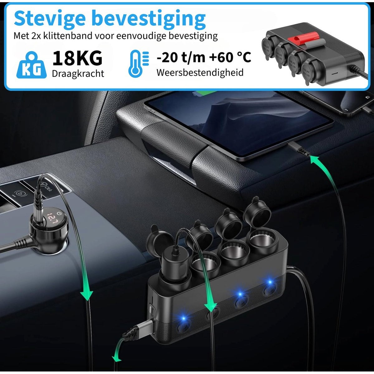 Car charger with multiple ports and connected devices. It includes a tablet, cables, and icons indicating features.