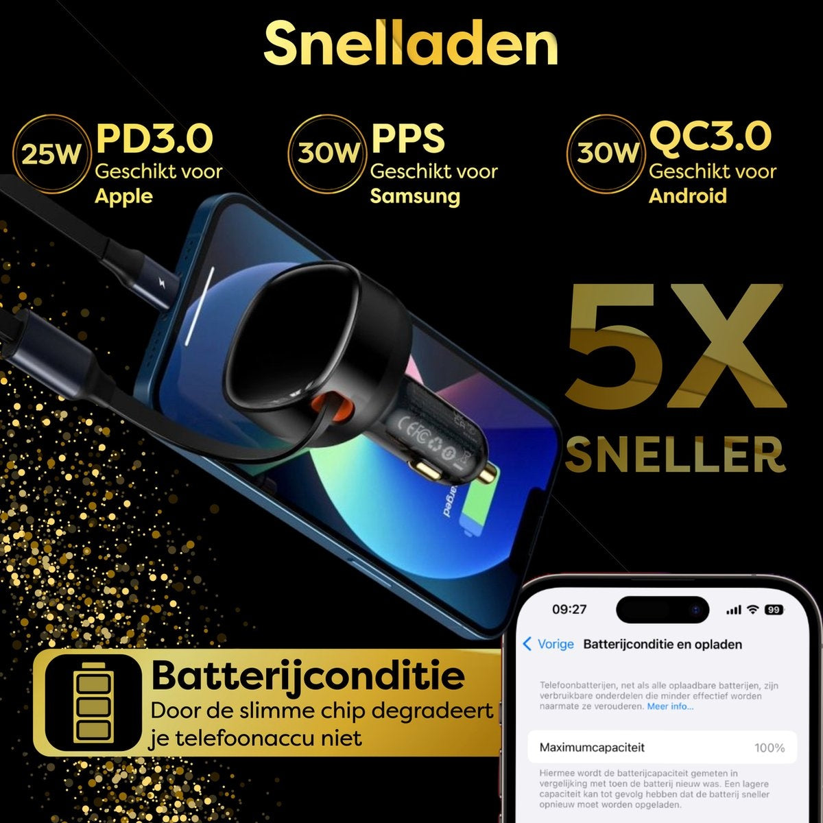 Promotional image. Phone charging, fast charging text, and battery health. The device is being charged.