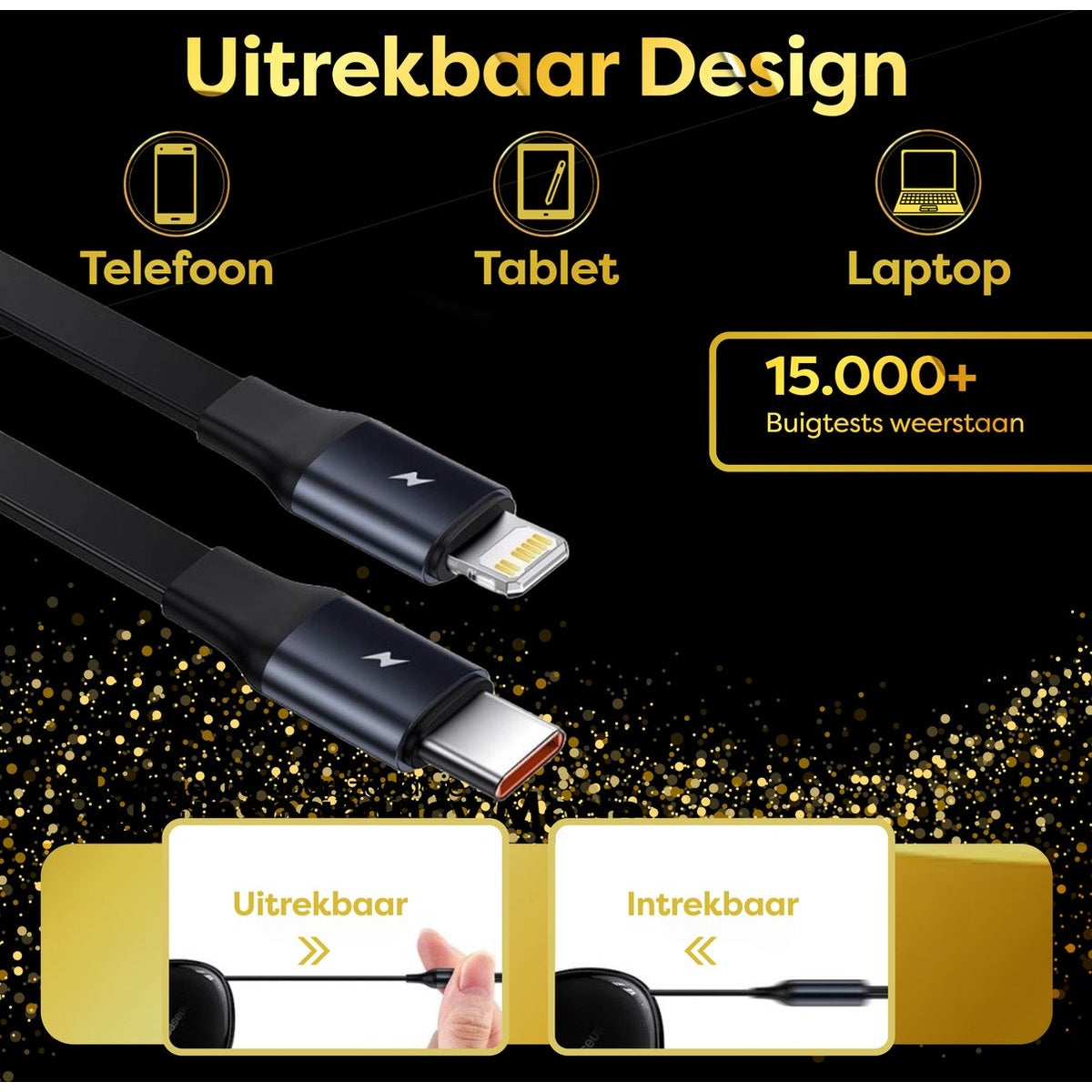 Promotional image showing a retractable charging cable with multiple charging options. The cable is black.
