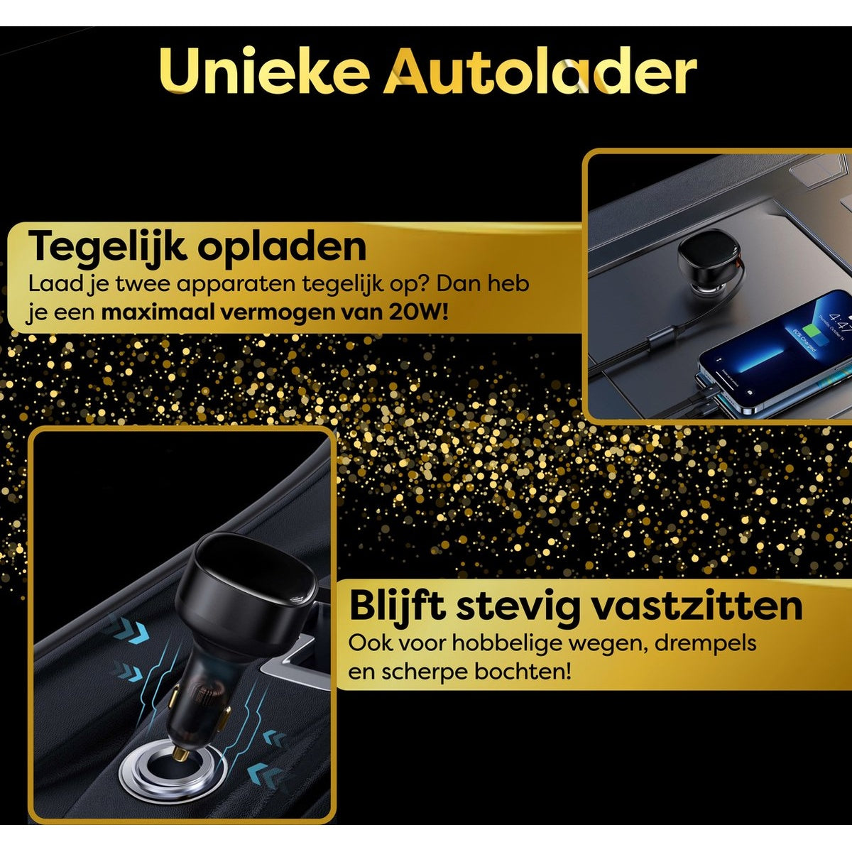 Promotional image showing a car charger with multiple charging options and a phone. The charger is black.