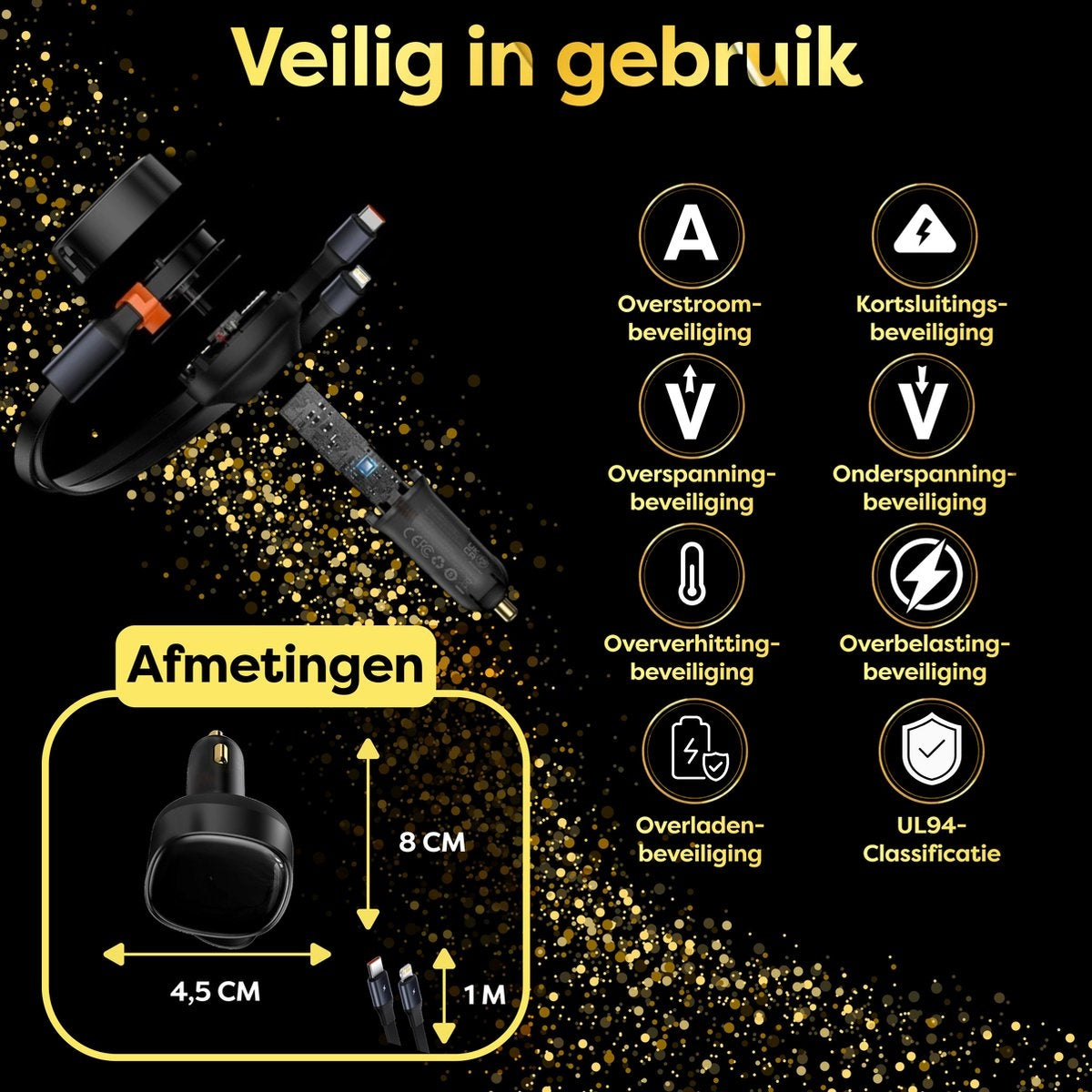 Black car charger with integrated cables and safety features on a dark, sparkly background.