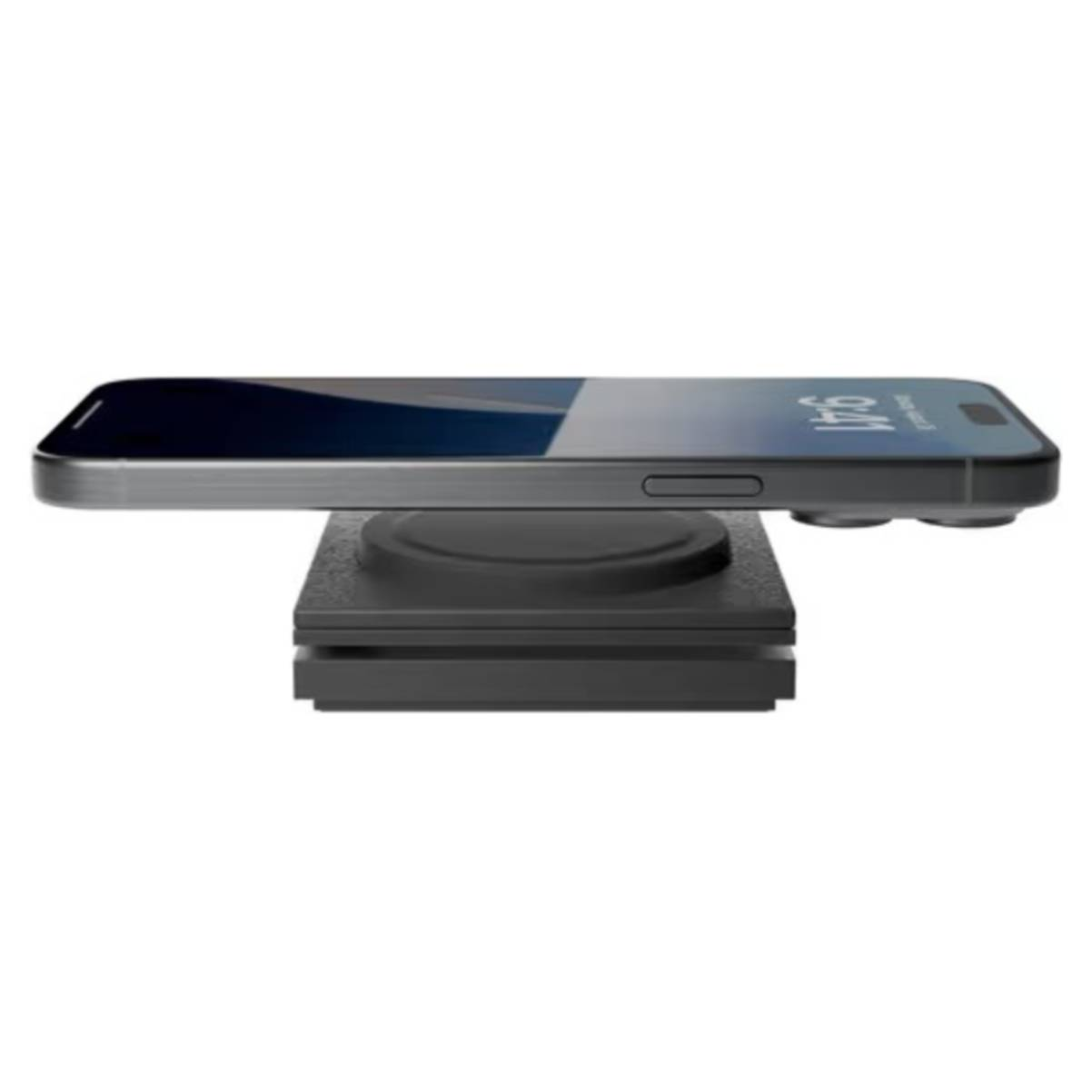 Ein Telefon wird auf einem schwarzen kabellosen Ladepad aufgeladen. Das Telefon liegt horizontal.