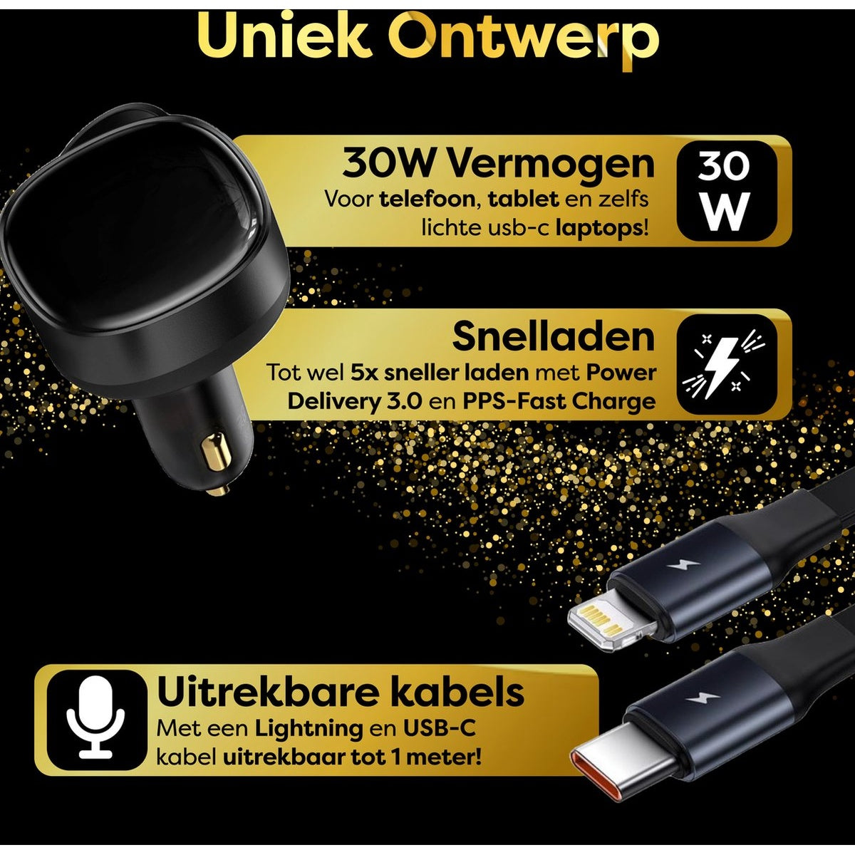 Image shows a car charger with retractable cables and fast charging features, set against a dark background.