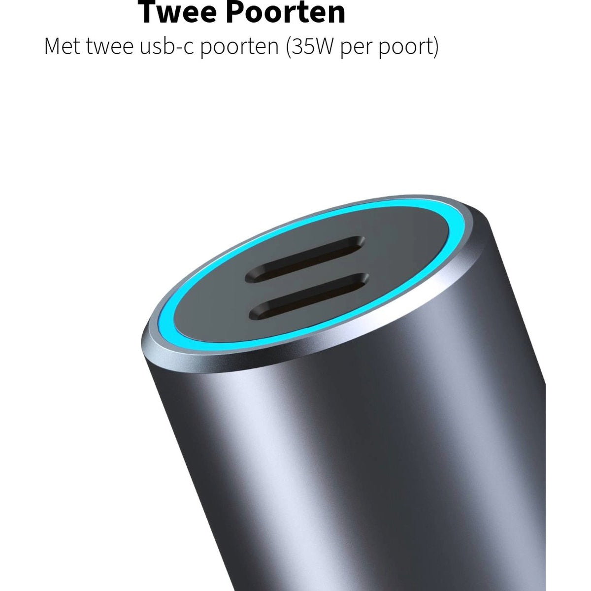 Close-up of a car charger with two USB-C ports highlighted by a blue light ring.