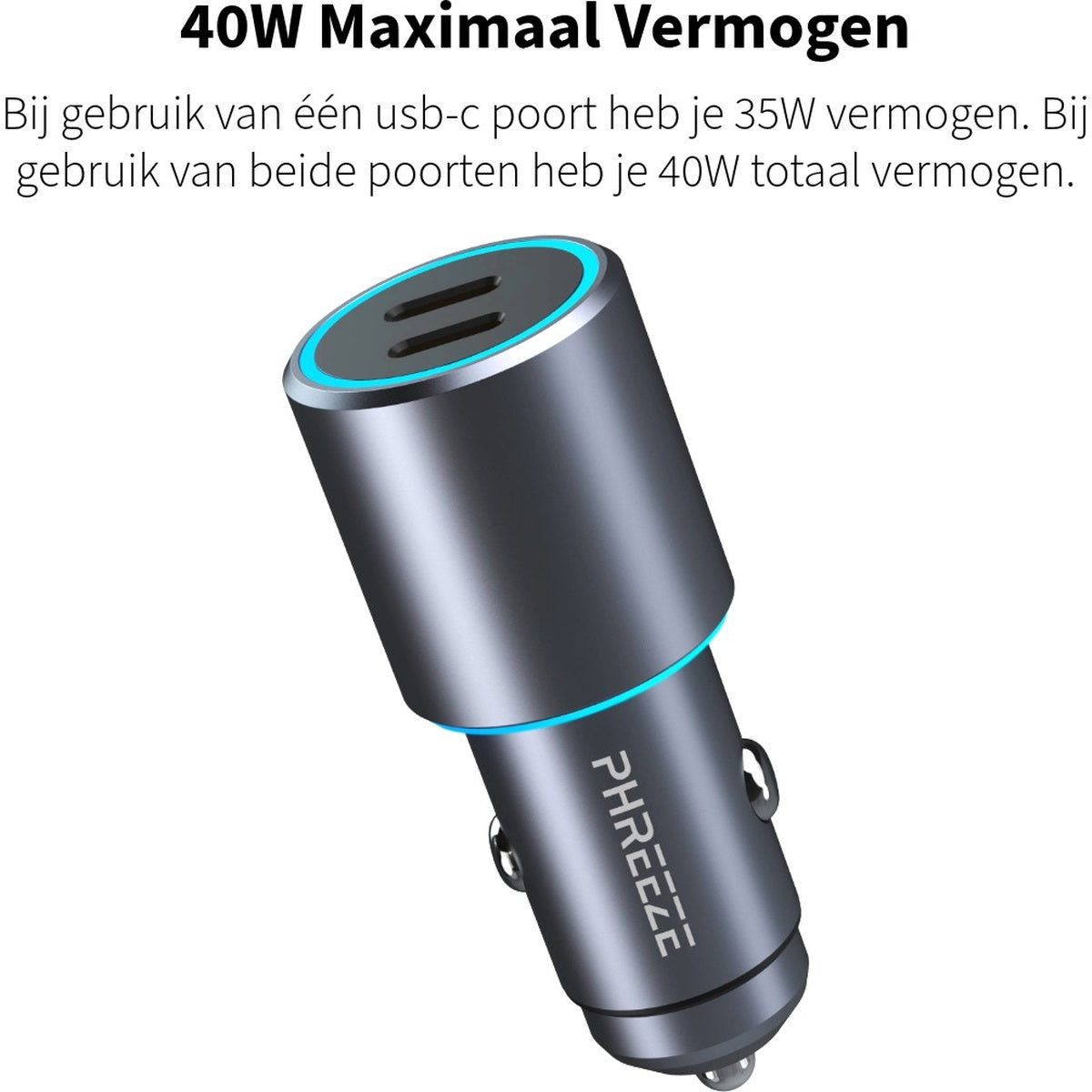 Angled shot of a car charger featuring dual USB-C ports with blue LED rings.