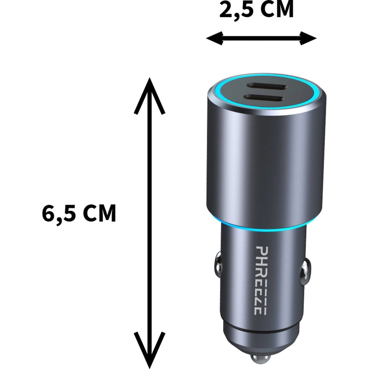Image shows dimensions of a car charger with dual USB-C ports, highlighted by blue LED rings.