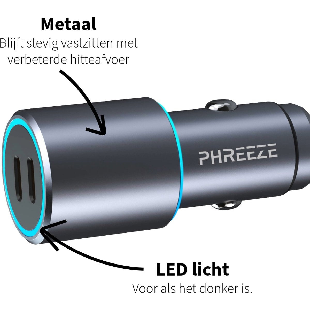 Close-up of a car charger with dual USB-C ports and blue LED light ring.