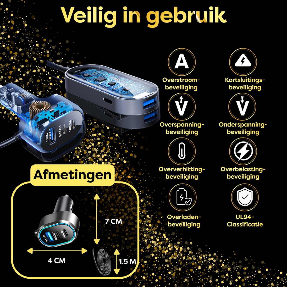 Diagram of car charger with safety features: surge, overvoltage, overheating, overload, and overcharge protection.
