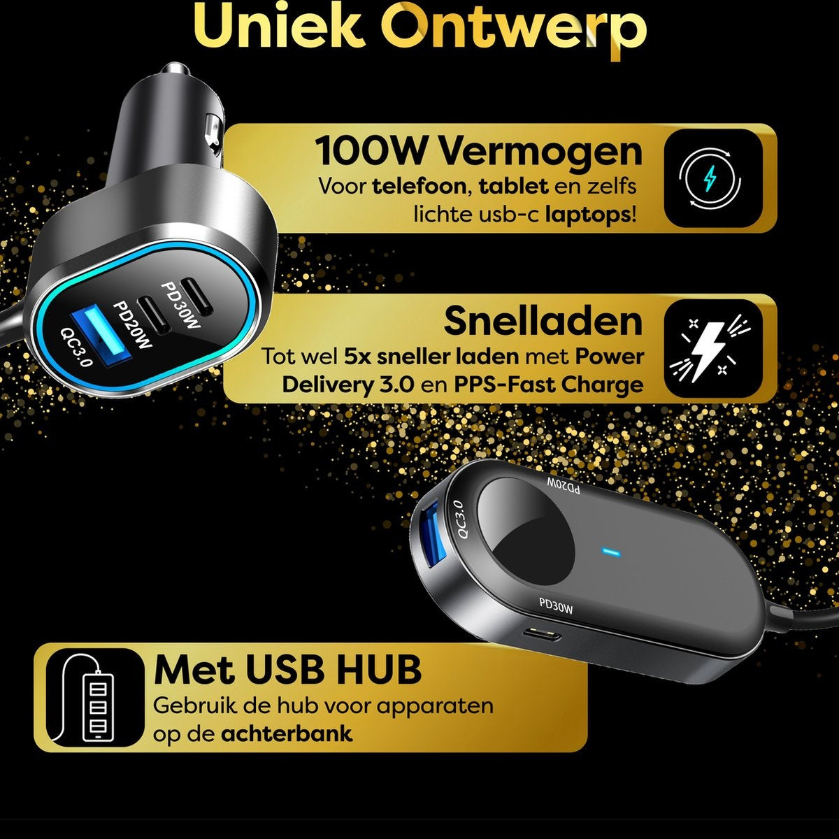 Image showcases car chargers with USB hub, highlighting power output and fast charging on a dark background.