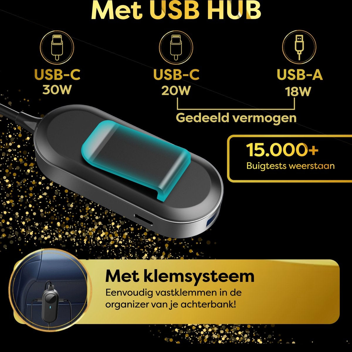 Black USB hub with USB-C and USB-A ports. Contains text about bend tests and a mounting system.