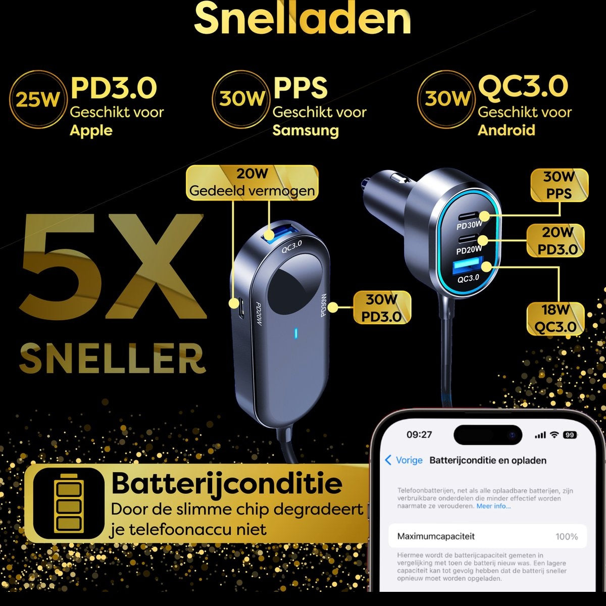 A promotional image of a car charger with text about charging speeds and compatibility.